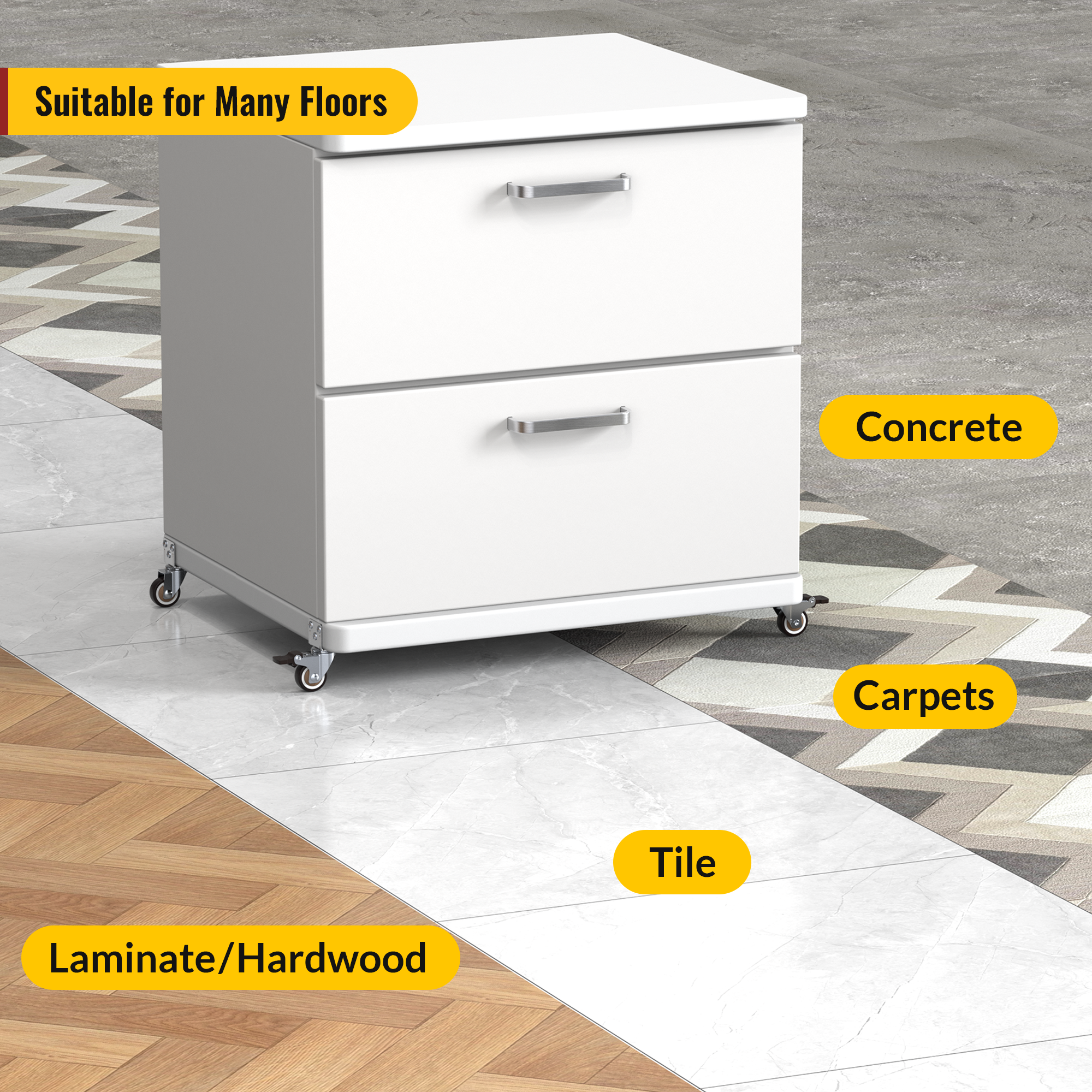 1.25 inch L-shaped casters, smoothly on wood, tile, and carpet