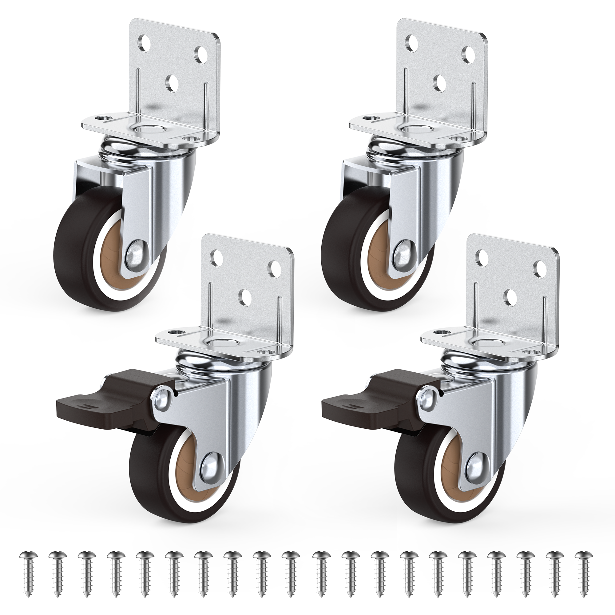 Set of four 1.25 inch L-shaped swivel caster wheels for furniture, two with brakes and two without, includes mounting screws