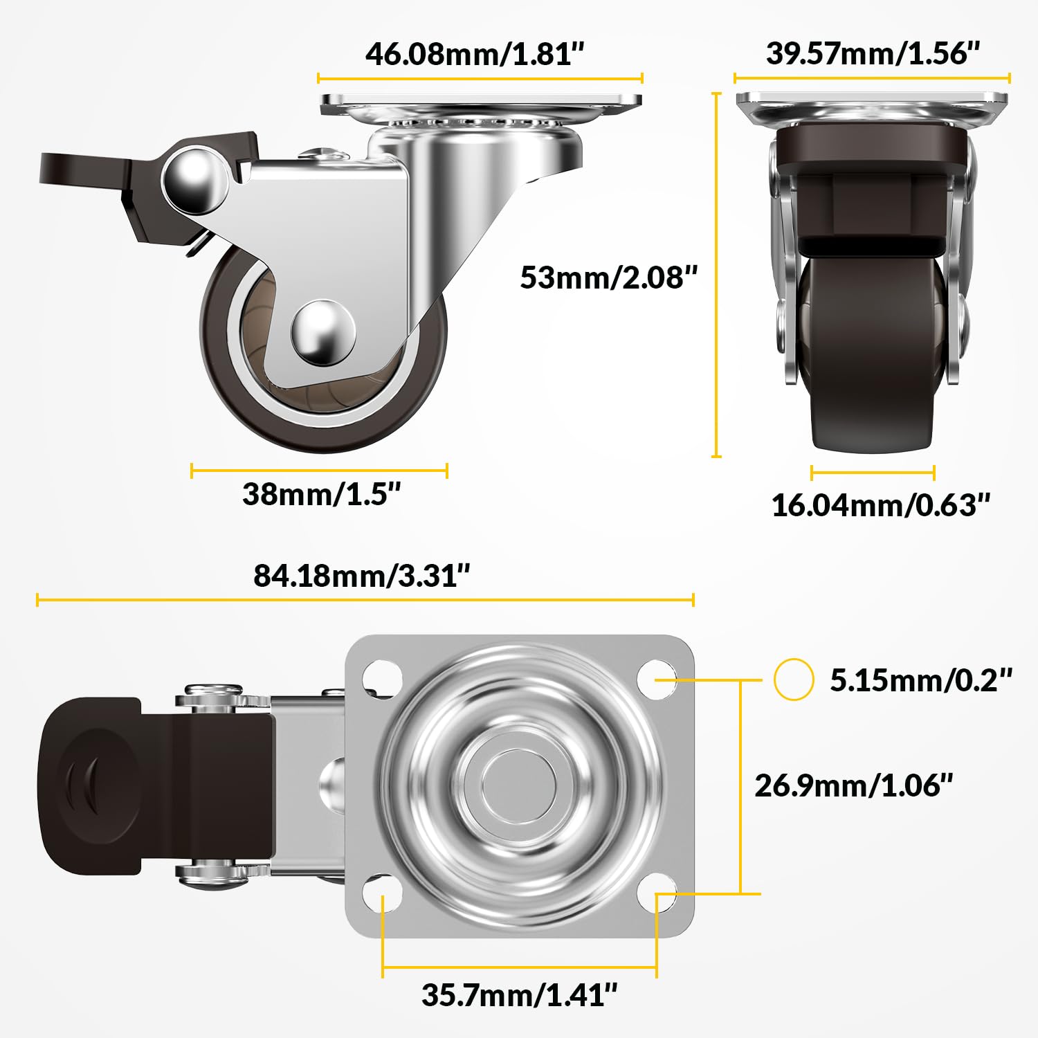 1.5 in Plate Casters Brown (2 Brake & 2 No Brake)