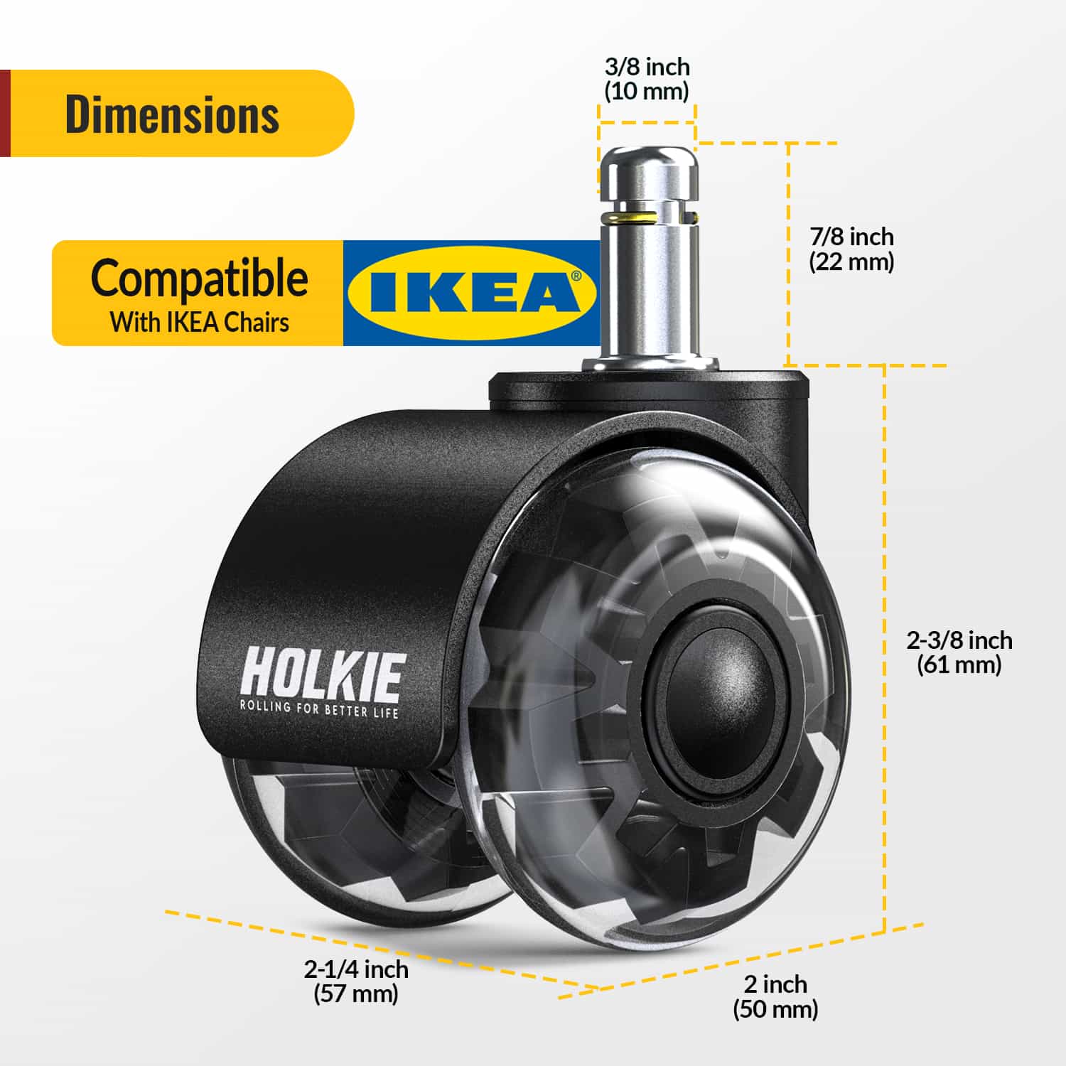 size of 10x22mm dual rubber office caster black - Holkie