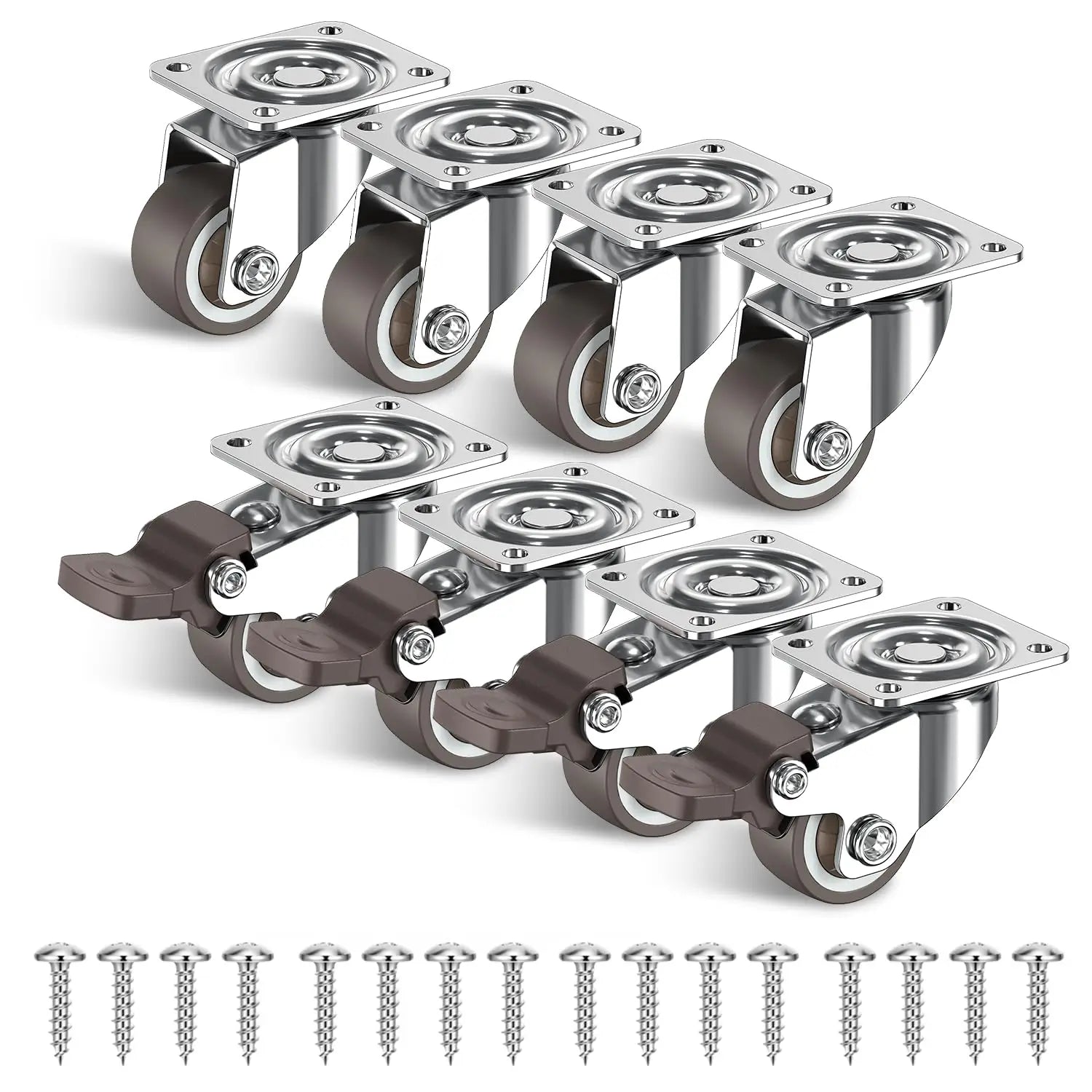 1 in Plate Casters Brown (4 Brakes & 4 No brakes) (Set of 8)