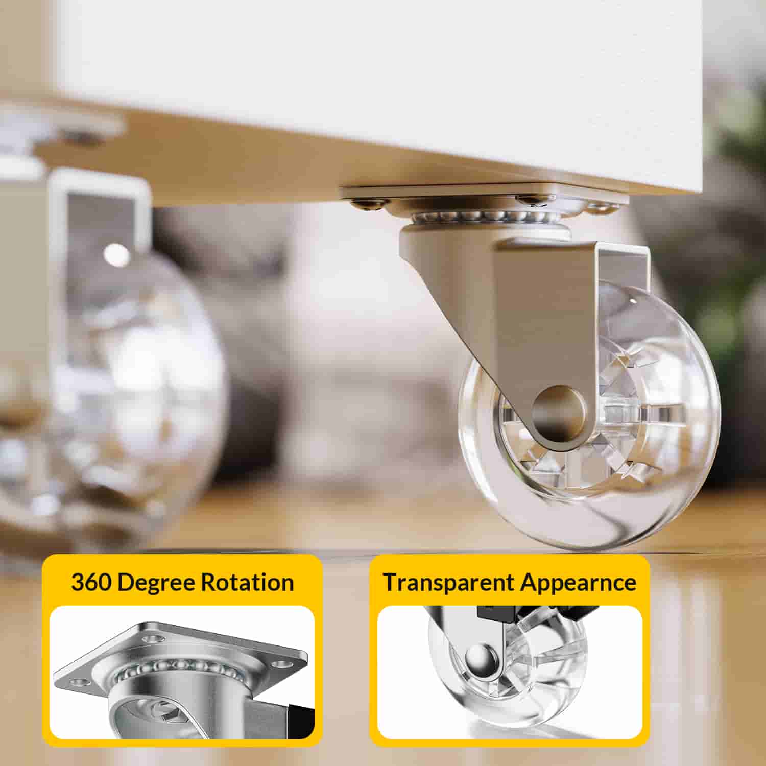 Close-up of 2-inch transparent polyurethane wheel on furniture plate caster - Holkie