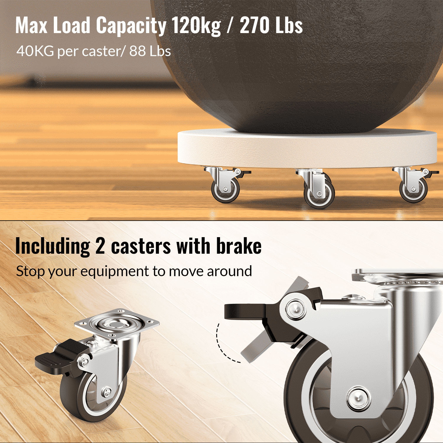 2 inch plate caster brown combo load 270lbs heavy with brake