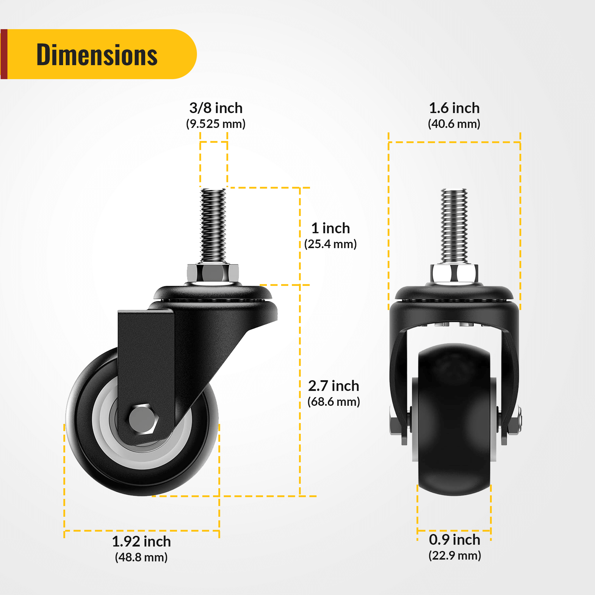 2 inch stem caster no brake 3/8"-16 threaded black dimension - Holkie