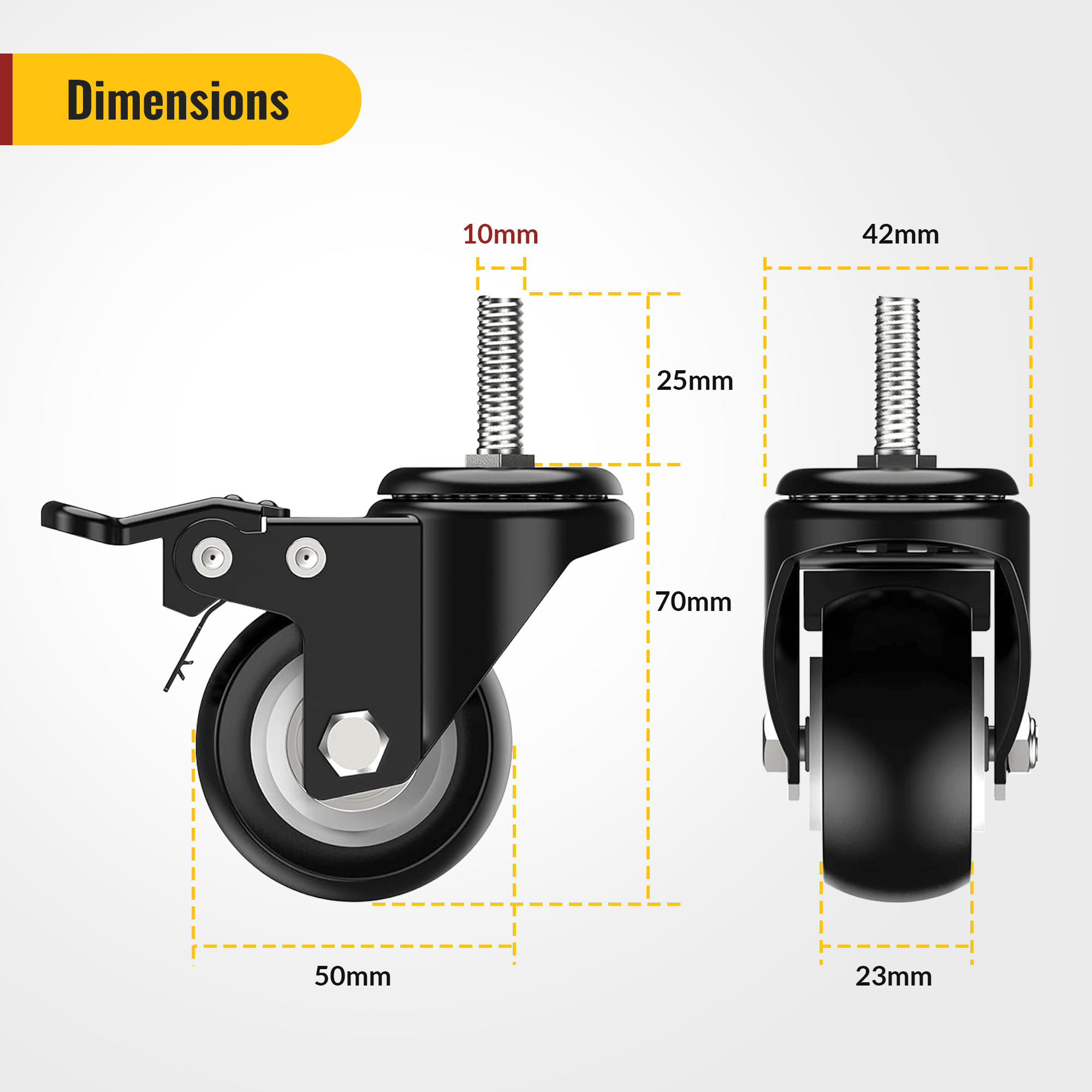 2-inch stem caster with M10x1.5x25mm threaded stem dimensions - Holkie
