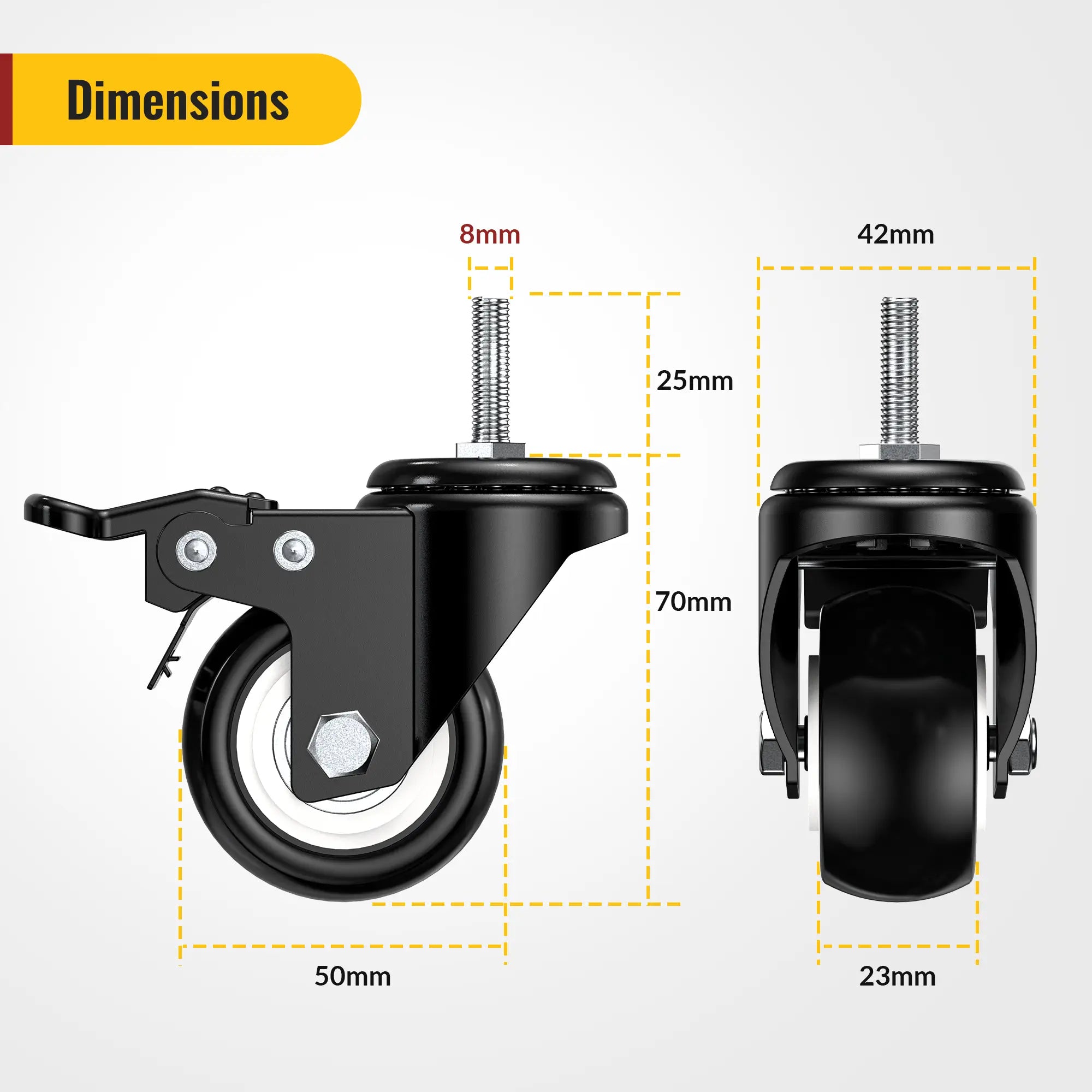 2 in Stem Casters Black Total Lock M8 x 25mm