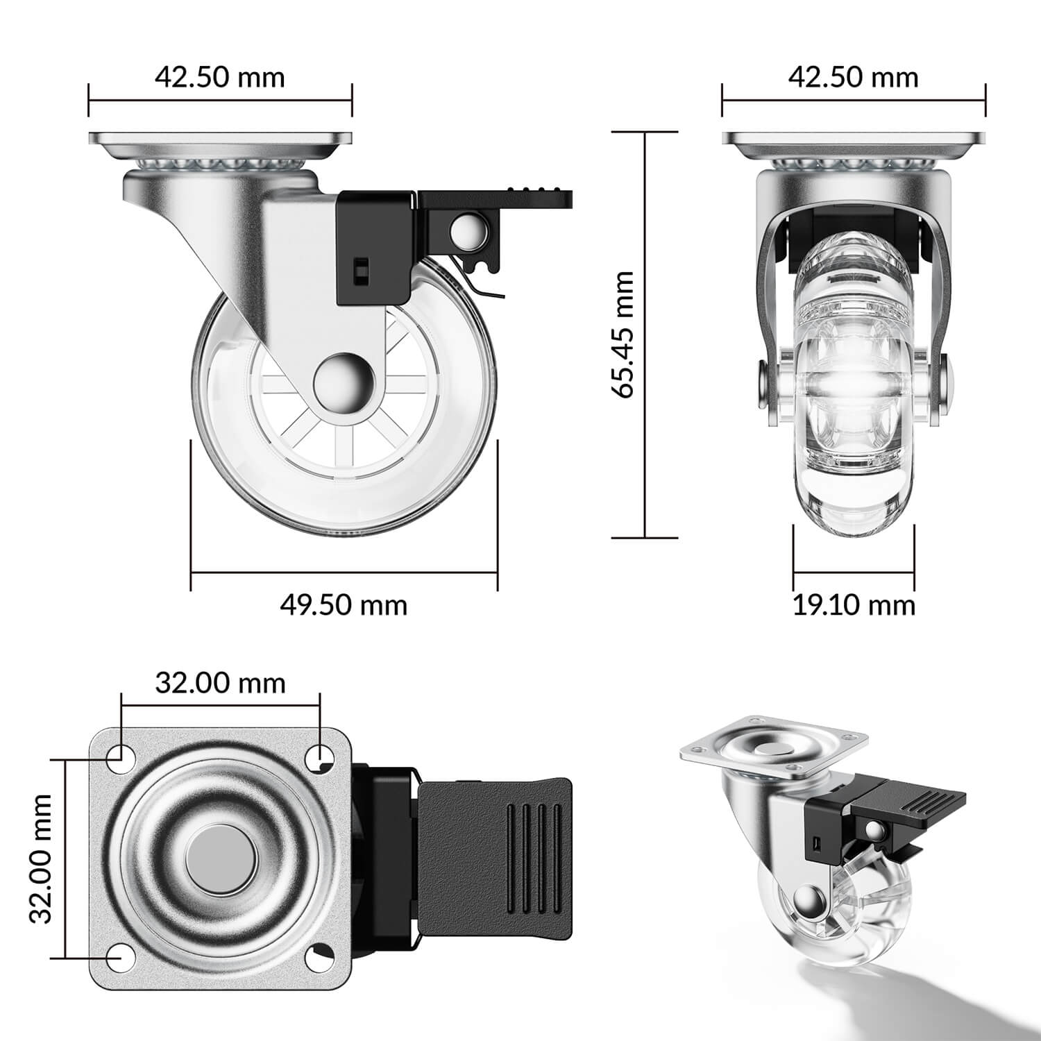 2 in Clear Furniture Plate Casters with Brake