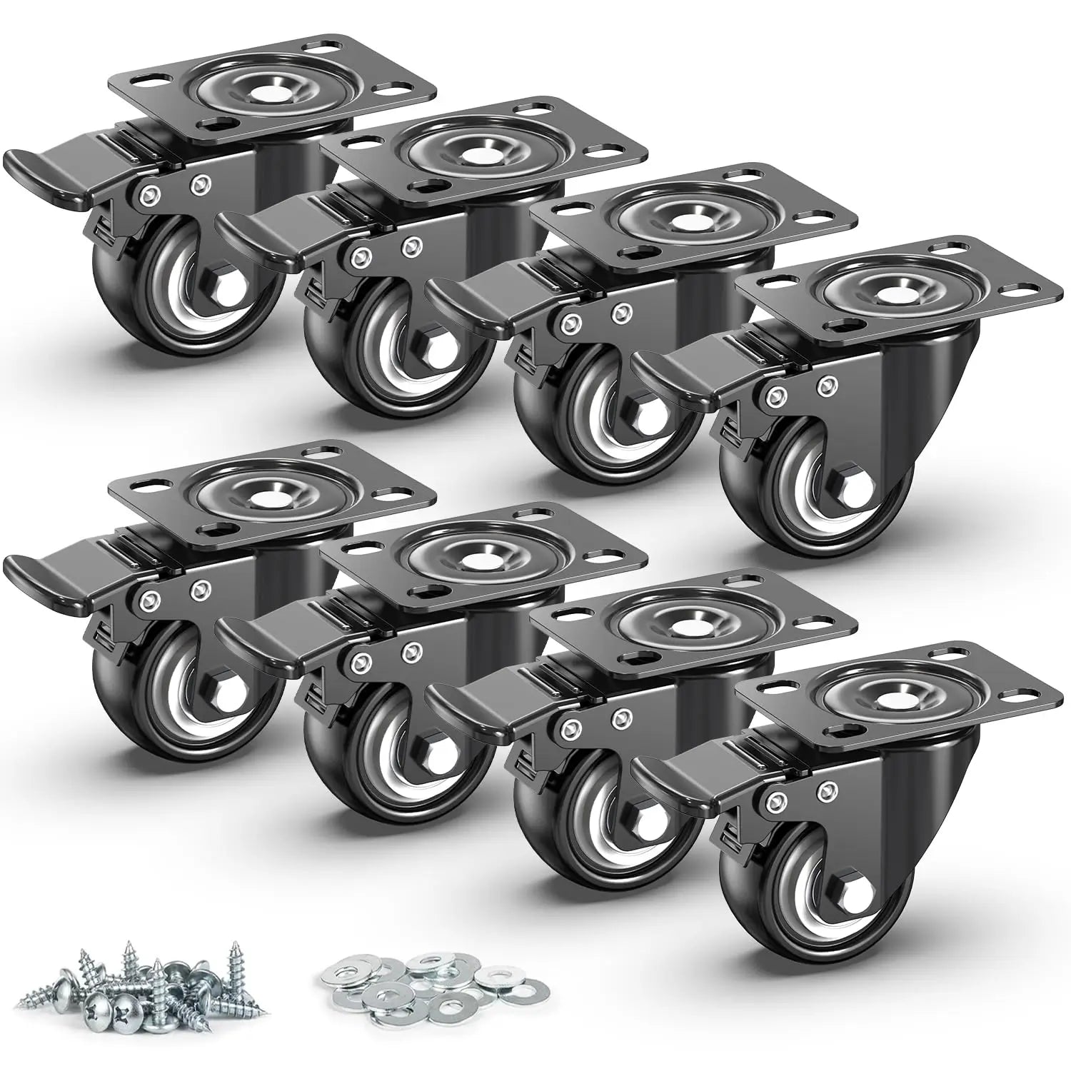 2 in Plate Casters Black with Brake (Set of 8)