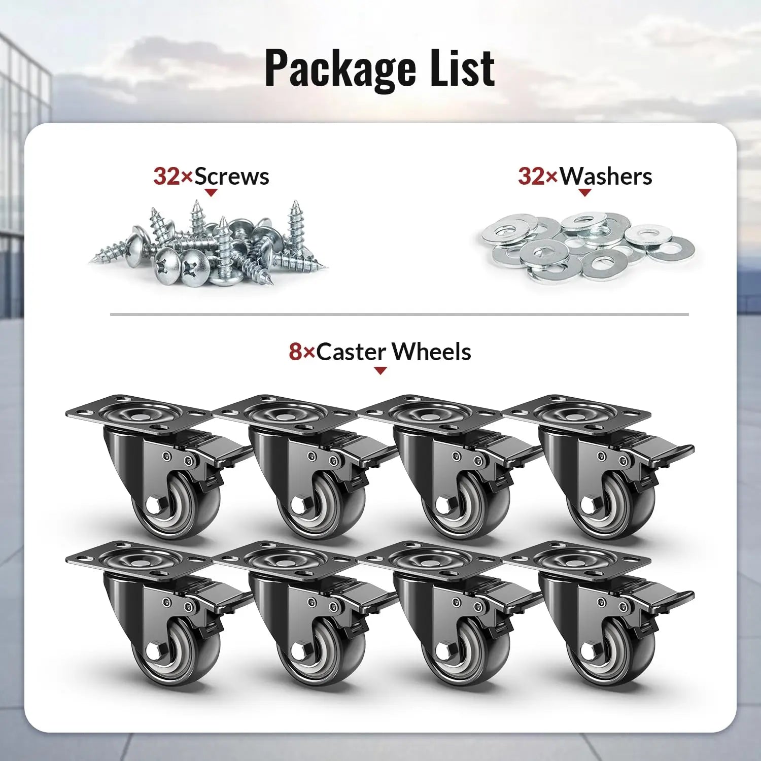 2 in Plate Casters Black with Brake (Set of 8)