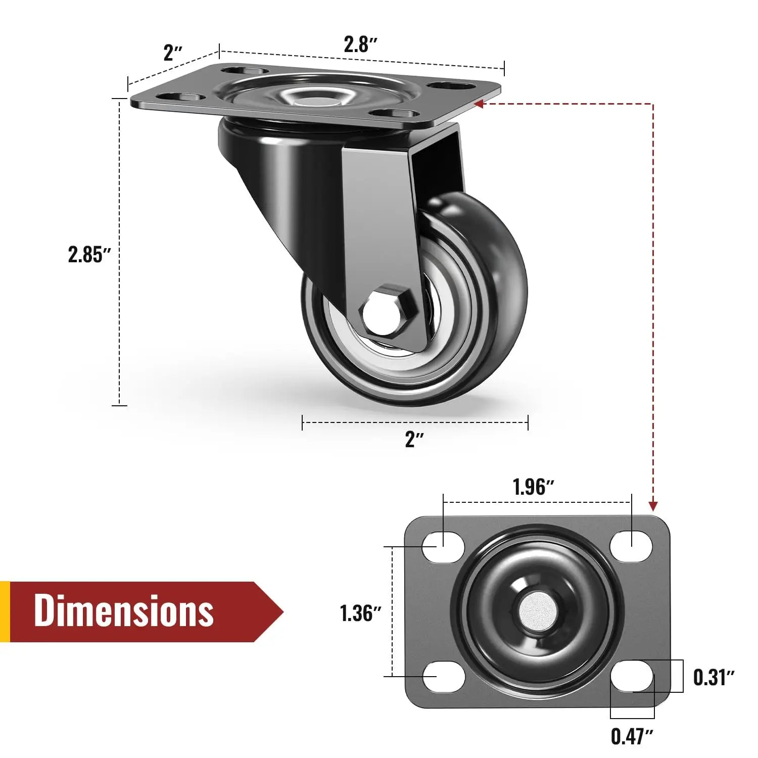 2 in Plate Casters Black without Brake (Set of 8)
