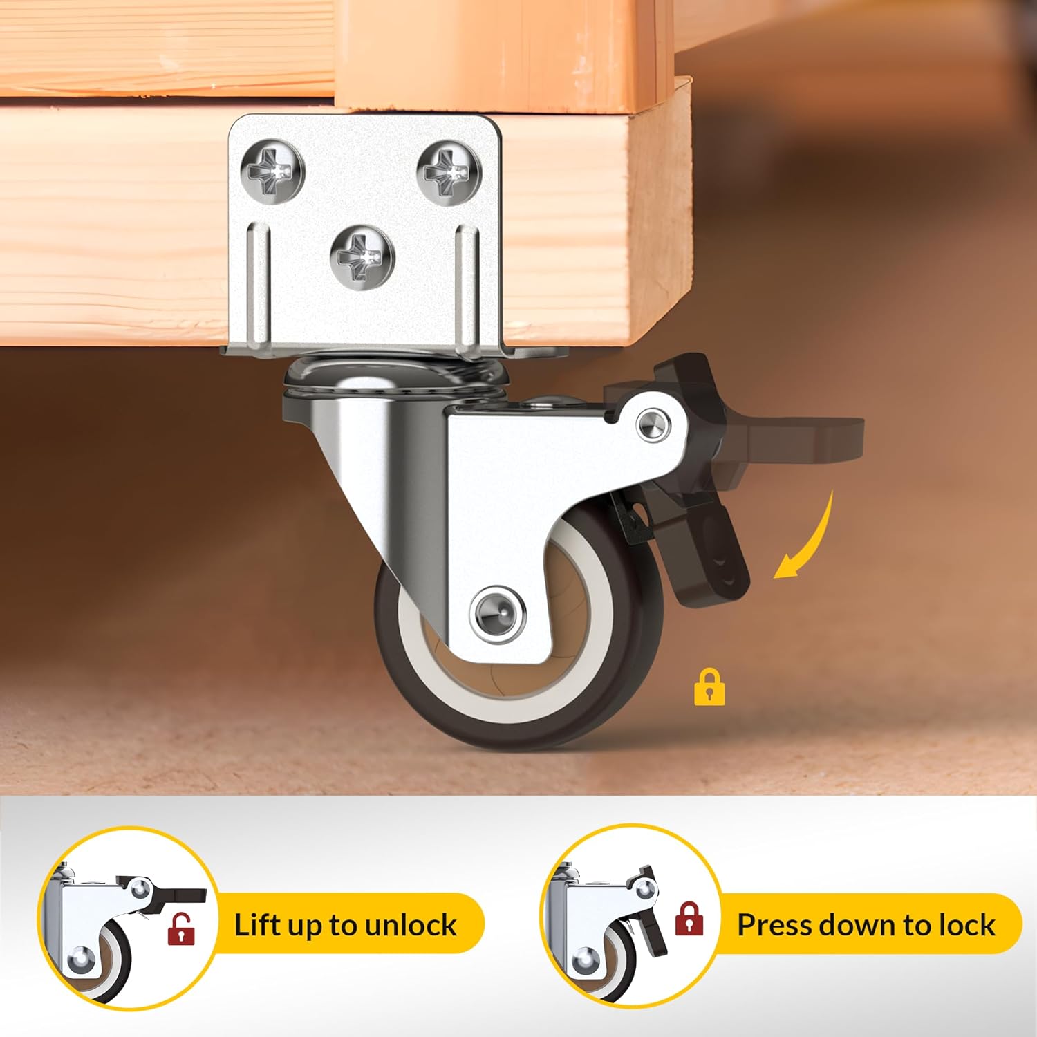 2 inch L-shaped caster with total brake function, shown lock and unlock method -Holkie