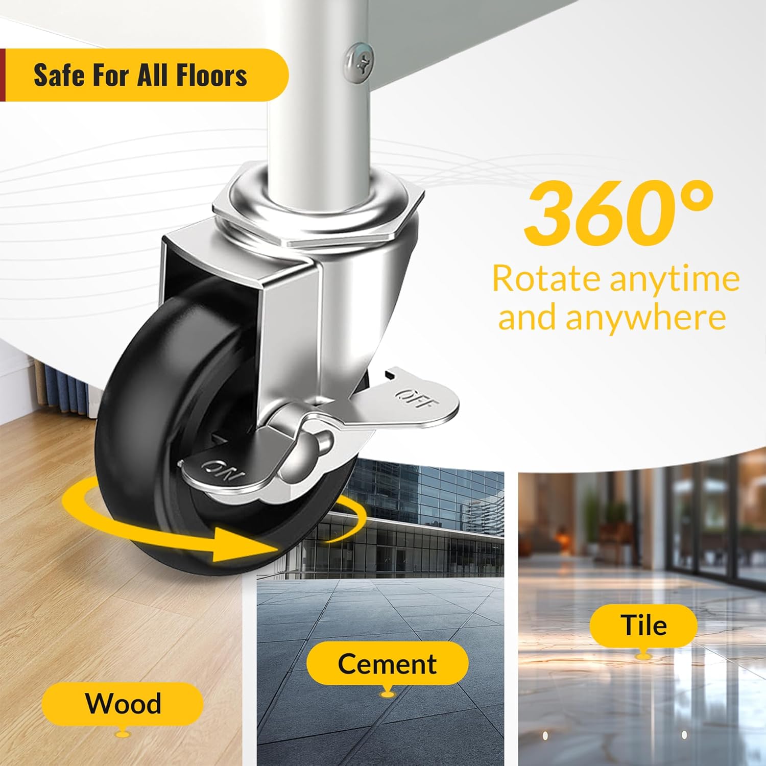 3 inch stem caster with side brake
smoothly across multiple floor types (hardwood, tile, cement) and rotate 360 degrees - Holkie