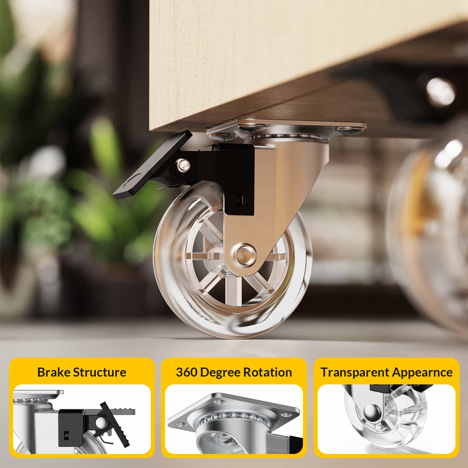 Close-up of 3-inch clear plate caster wheel - Holkie USA