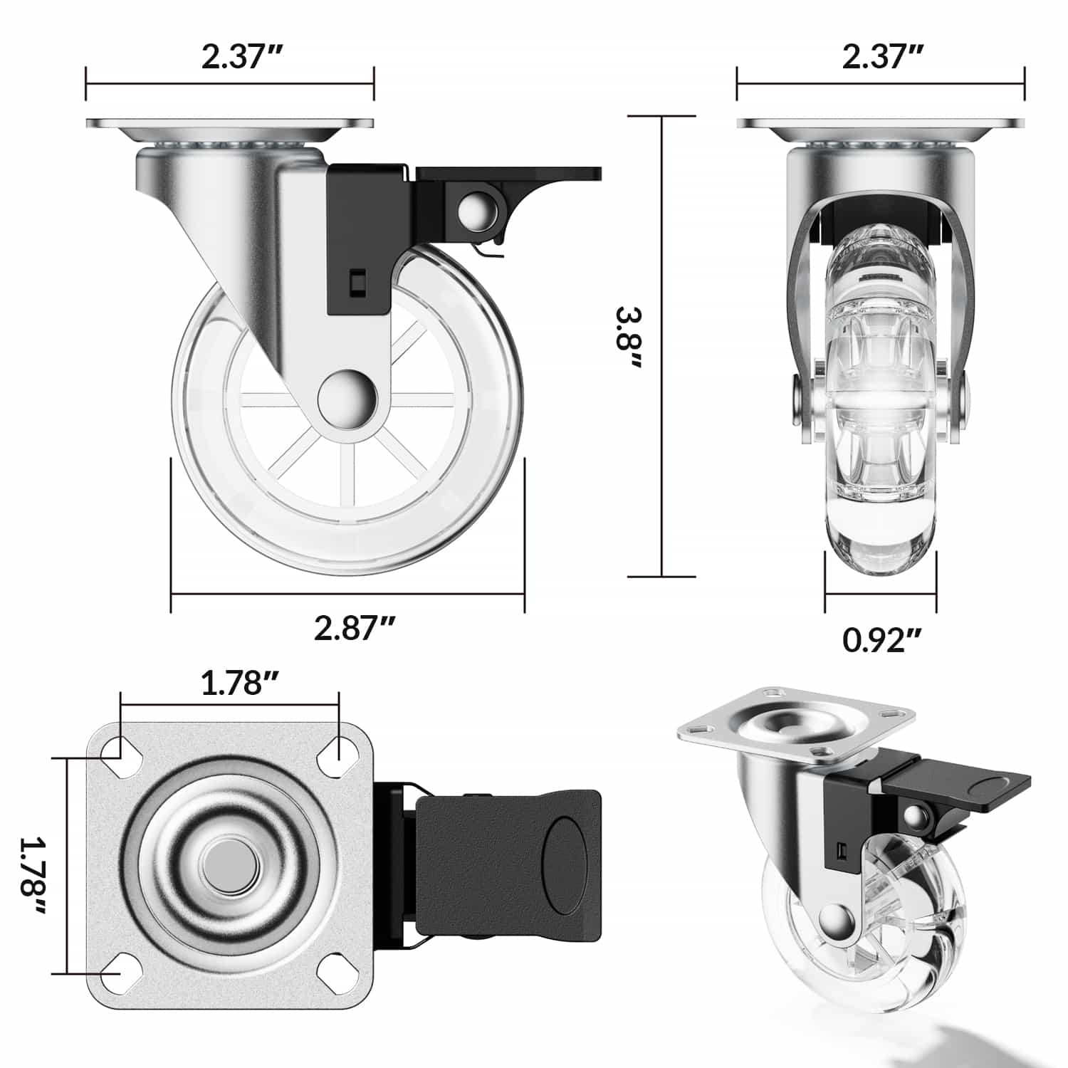 Dimension of 3-inch clear and polyurethane plate casters for furniture – Holkie USA