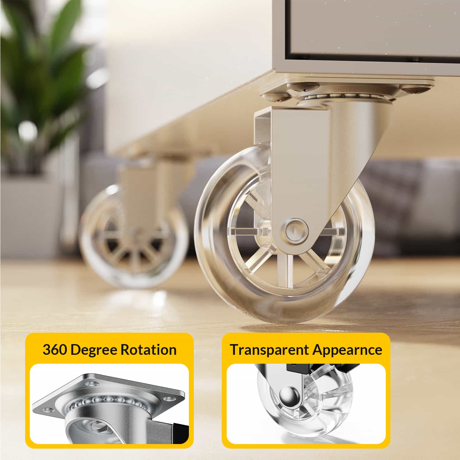 Close-up of 3-inch transparent polyurethane wheel on furniture plate caster - Holkie