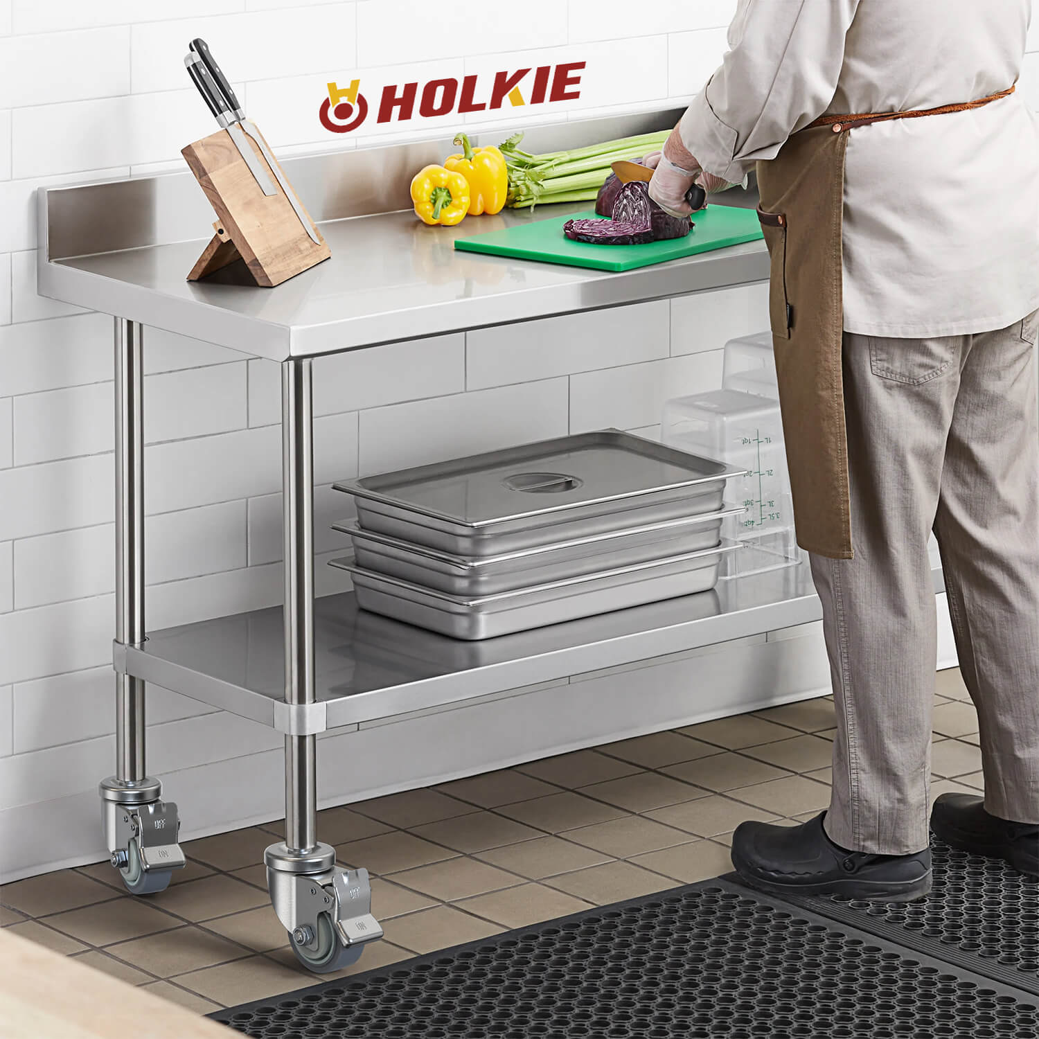 Rolling stainless steel kitchen utility cart with Holkie 3-inch expanding stem casters, easy mobility
