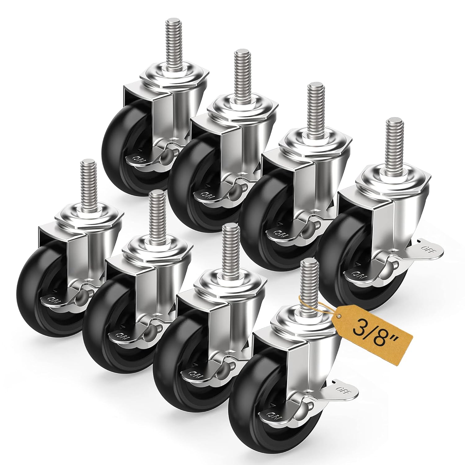8-Pack Special Offer | Bulk Discount Casters, 3-inch stem casters with side brake - 3/8"-16 x 1-1/2" threaded stem - Holkie
