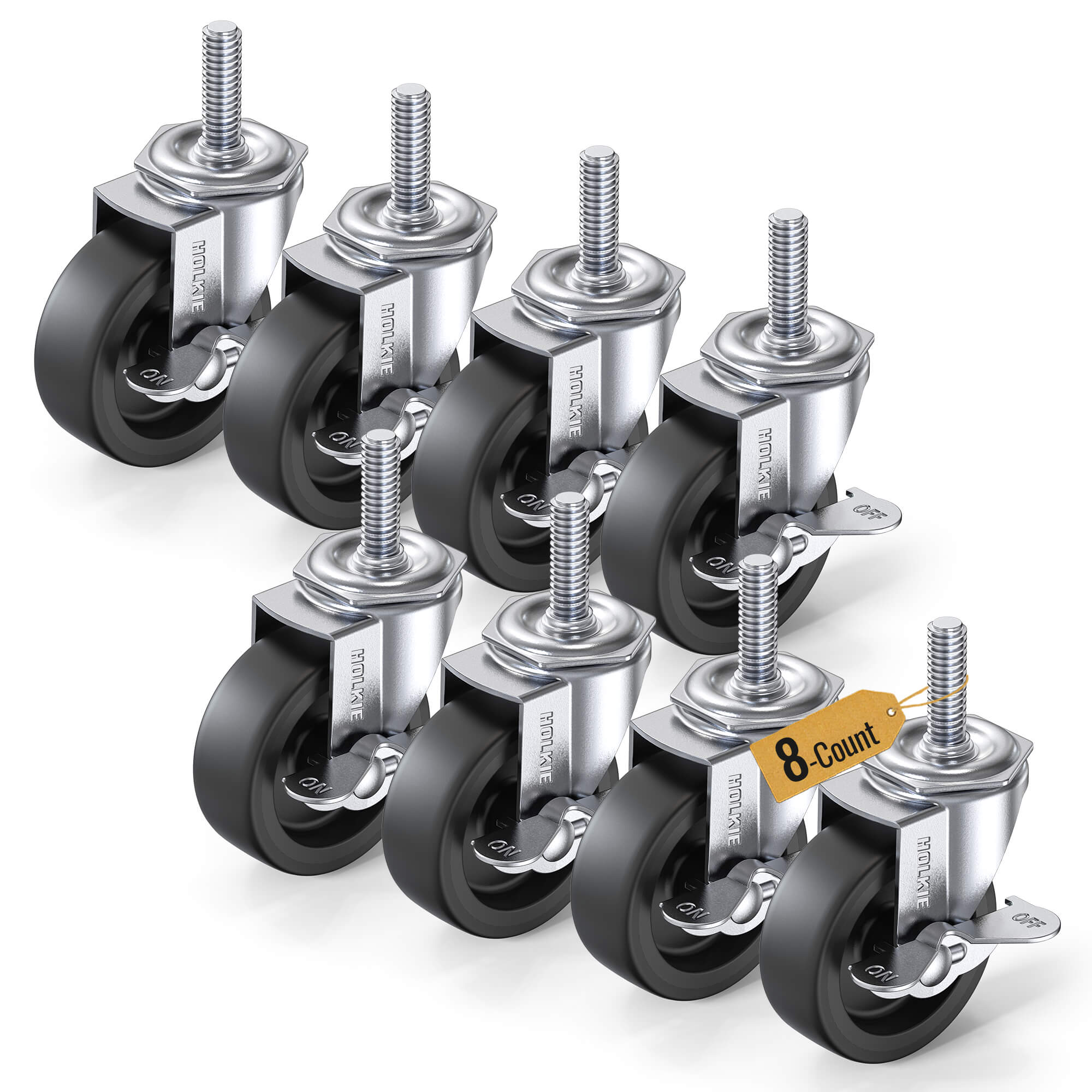 8-Pack Special Offer | Bulk Discount Casters, 3-inch stem casters with side brake - 3/8"-16 x 1-1/2" threaded stem - Holkie