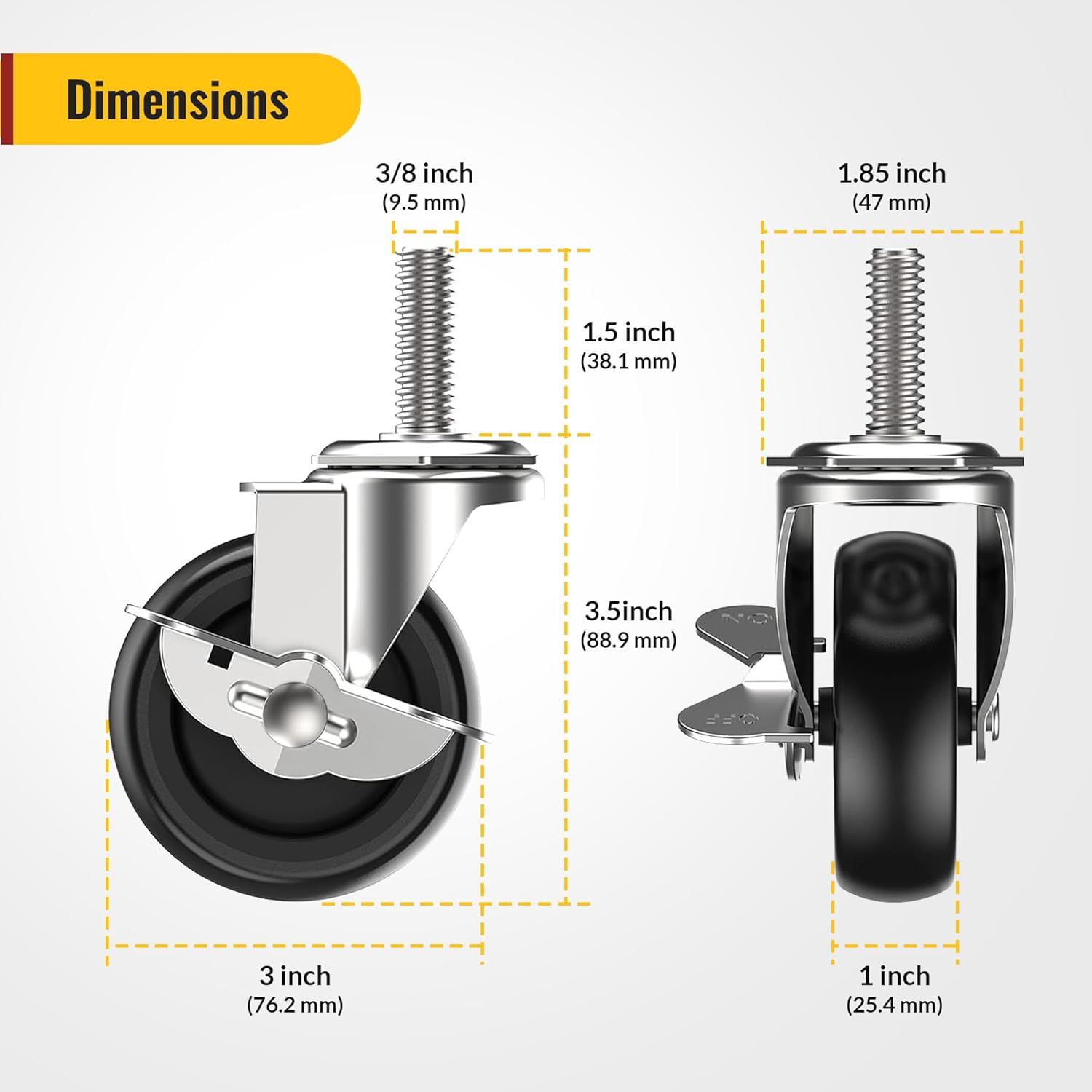 Stem caster dimensions showings 3 inch wheel diameter, 1.5" stem length, and side brake lever position