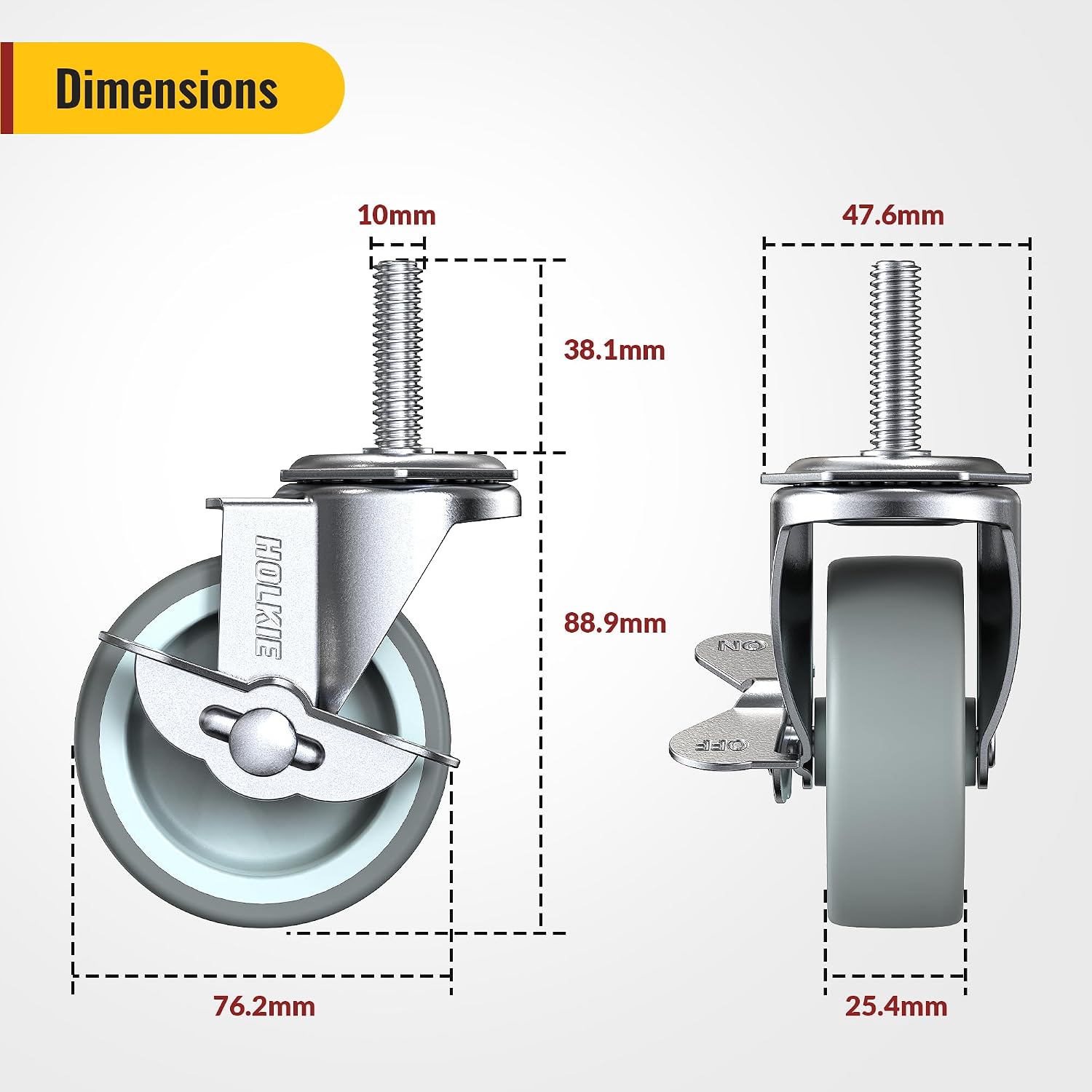 Gray Stem caster dimensions showings 3 inch wheel diameter, 10 mm stem width, 30 mm stem length, and side brake lever position