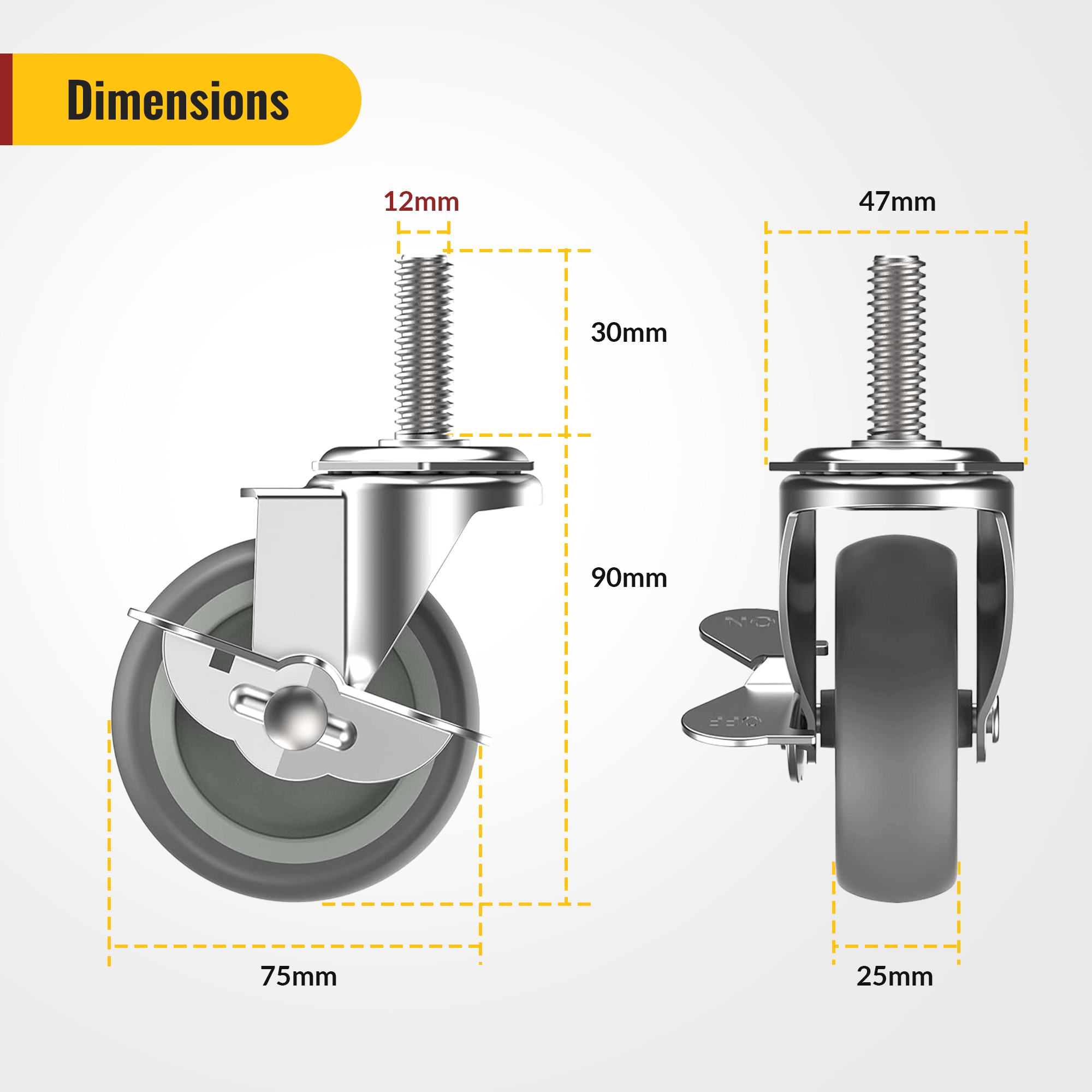 Gray Stem caster dimensions showings 3 inch wheel diameter, 12 mm stem width, 30 mm stem length, and side brake lever position