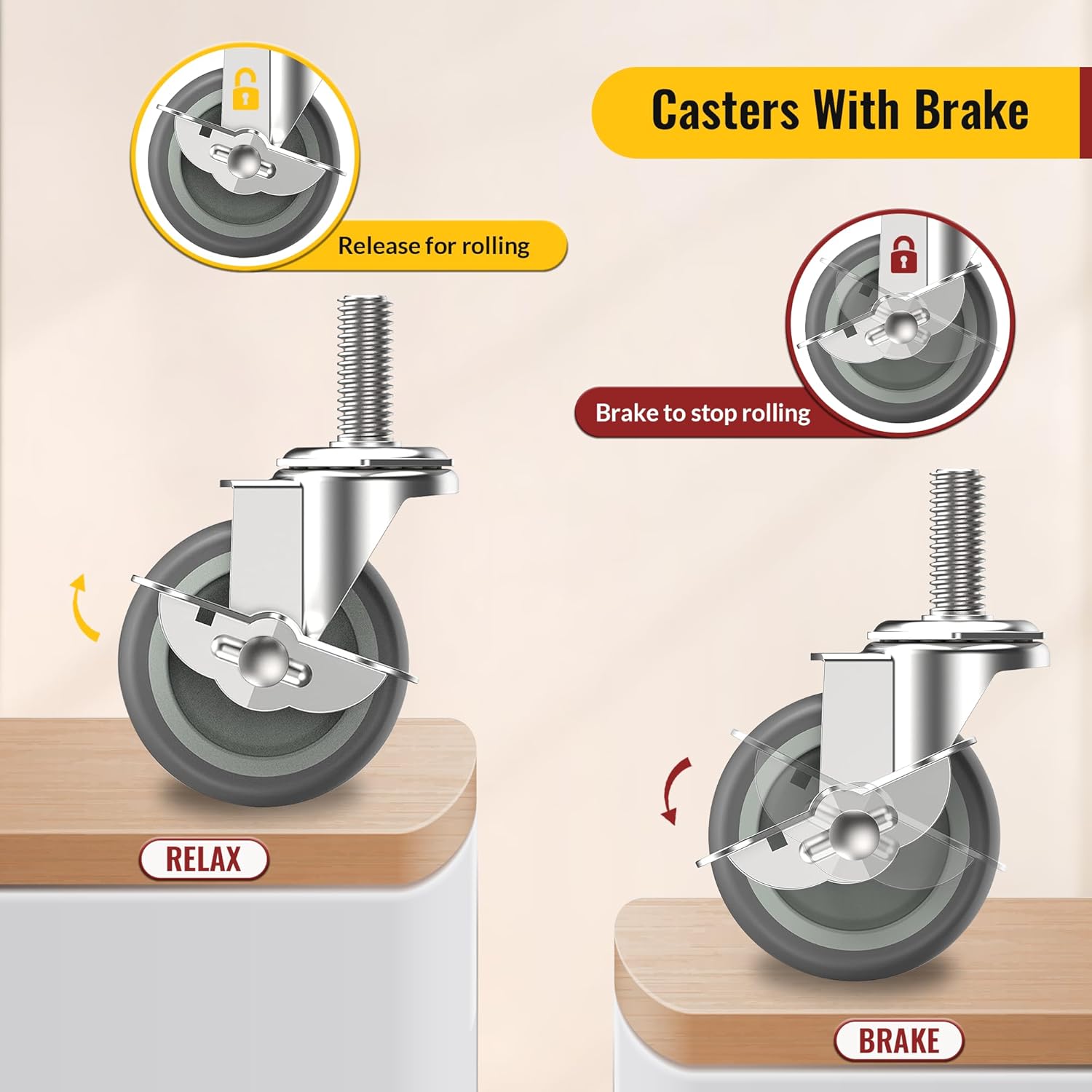 Side brake lever on Holkie 3 inch stem caster with easy operation gray