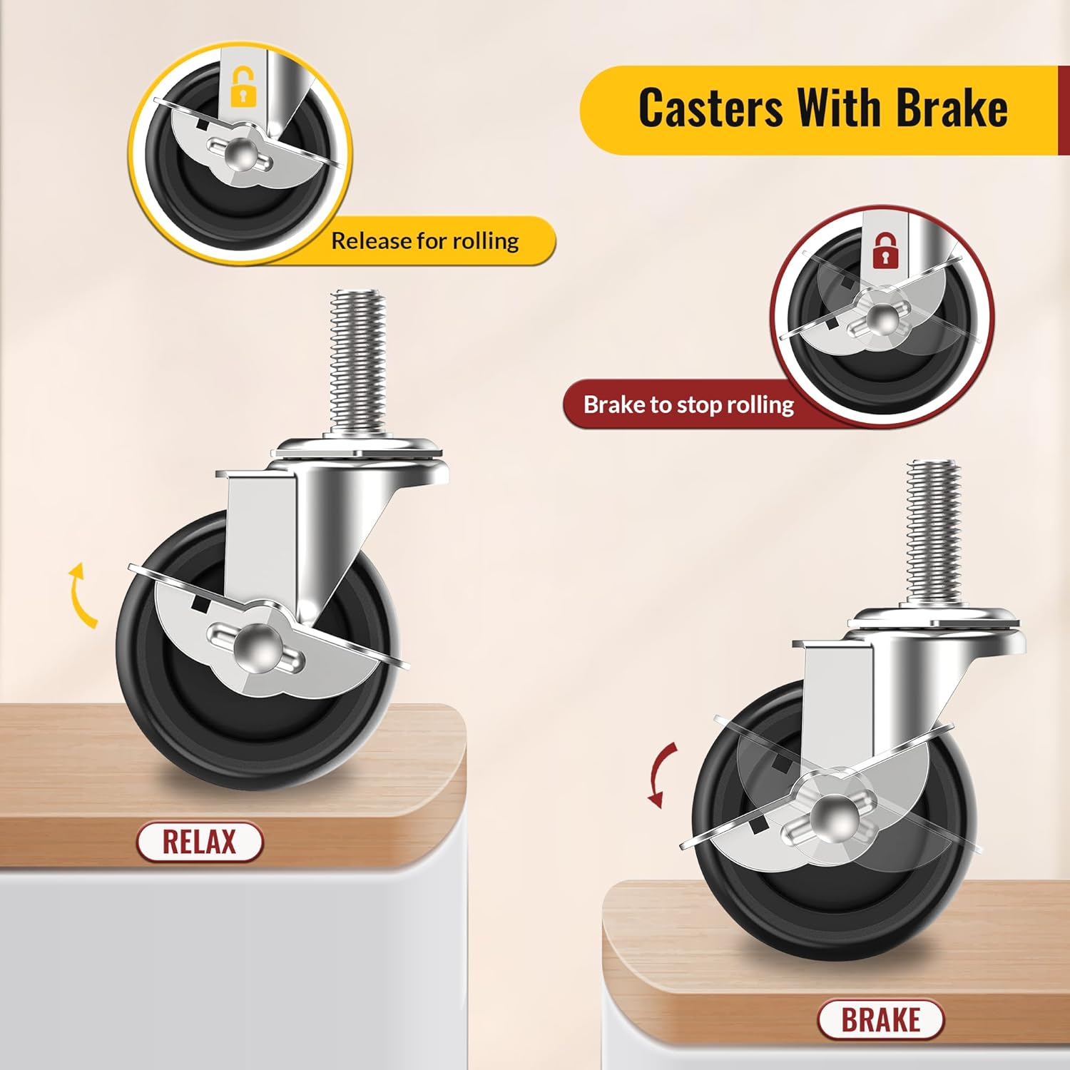 Engaging side brake lever on 3-inch stem caster with easy operation black - Holkie