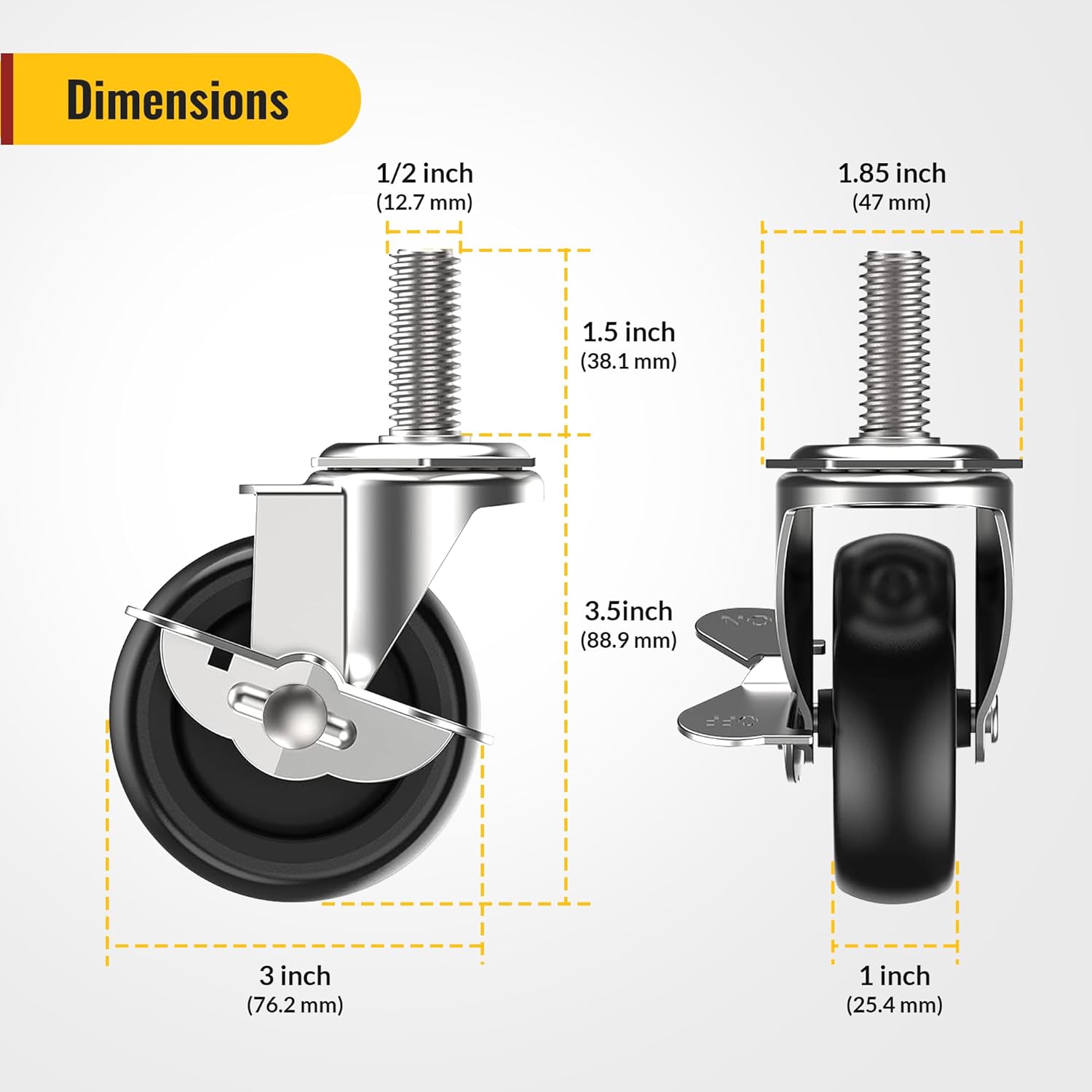 3 in Stem Casters Black Side Brake 1/2" -13 x 1-1/2"