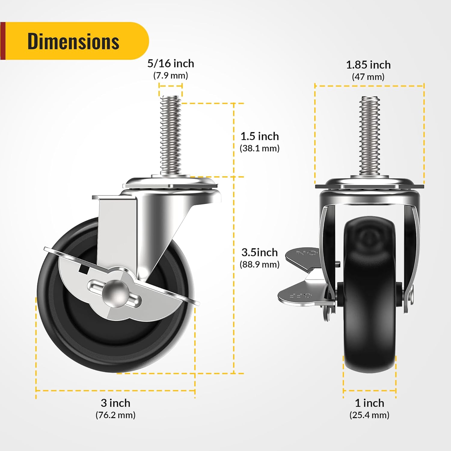 3 in Stem Casters Black Side Brake 5/16" -18 x 1-1/2"