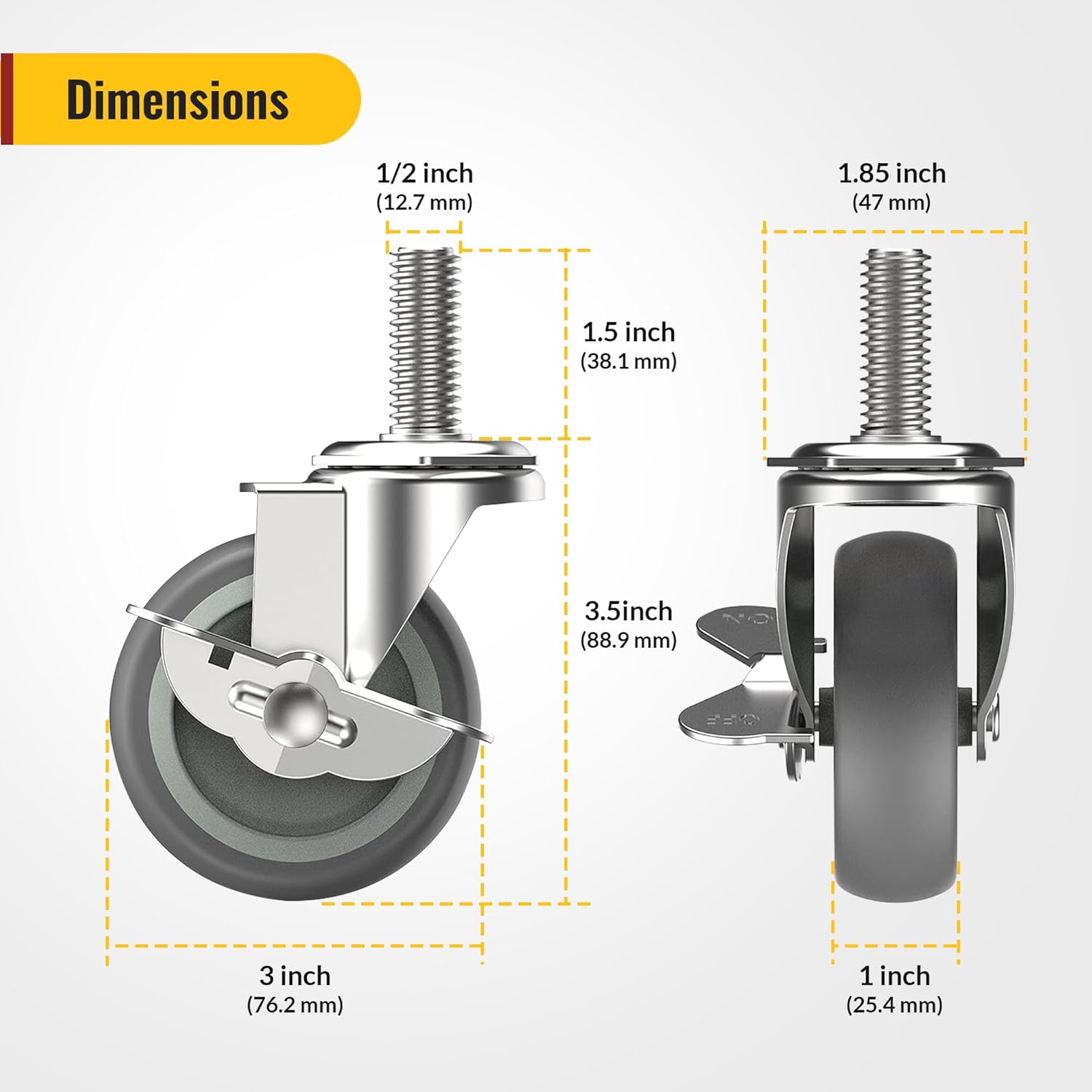 3 in Stem Casters Grey Side Brake 1/2" -13 x 1-1/2"