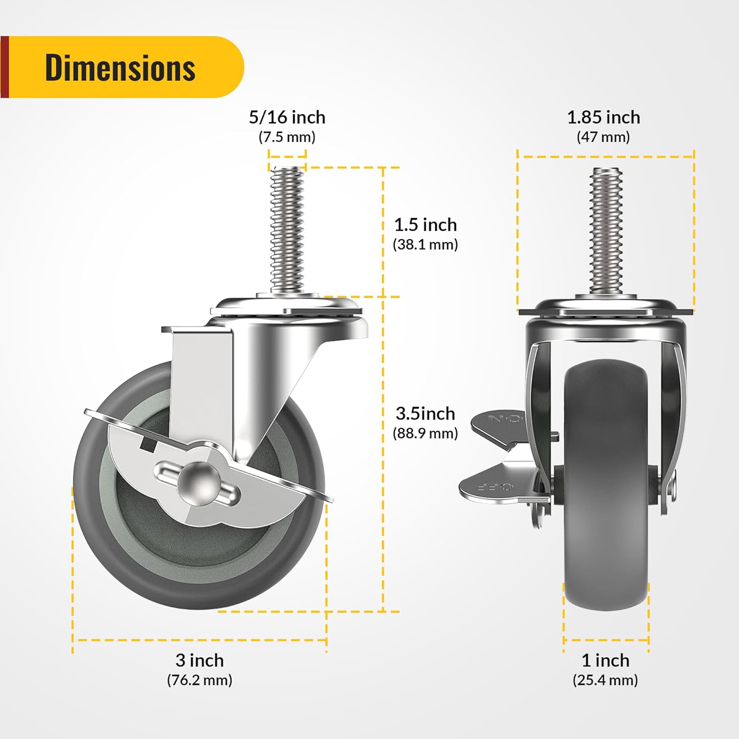 3 in Stem Casters Grey Side Brake 5/16" -18 x 1-1/2"