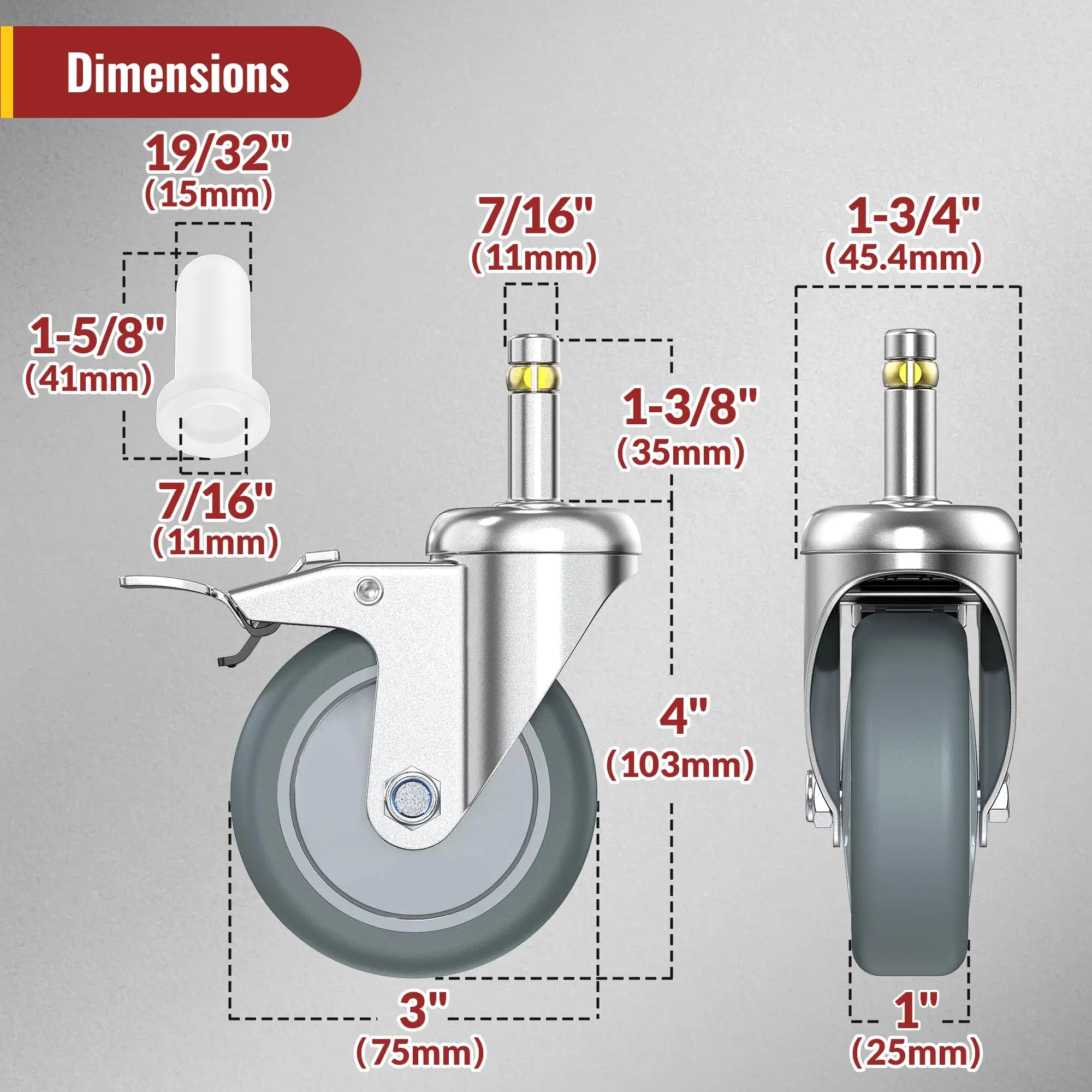 3 inch grip ring stem caster with top locking brake, 7/16" threaded stem