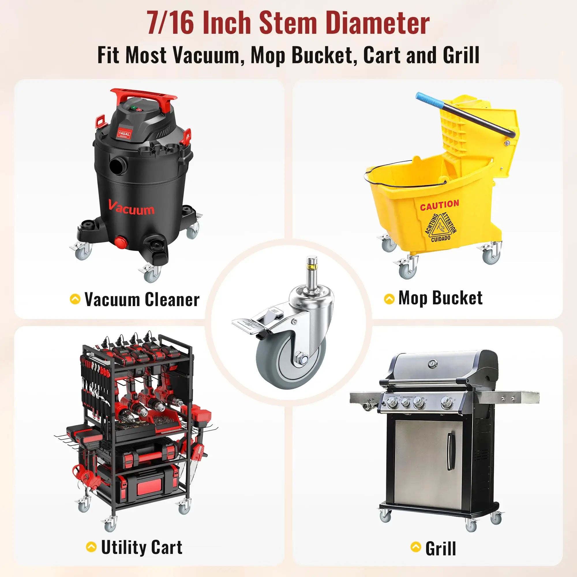 Vacuum cleaner, mop bucket, utility cart, and grill with a 3" grip ring caster 7/16 inch stem diameter feature.