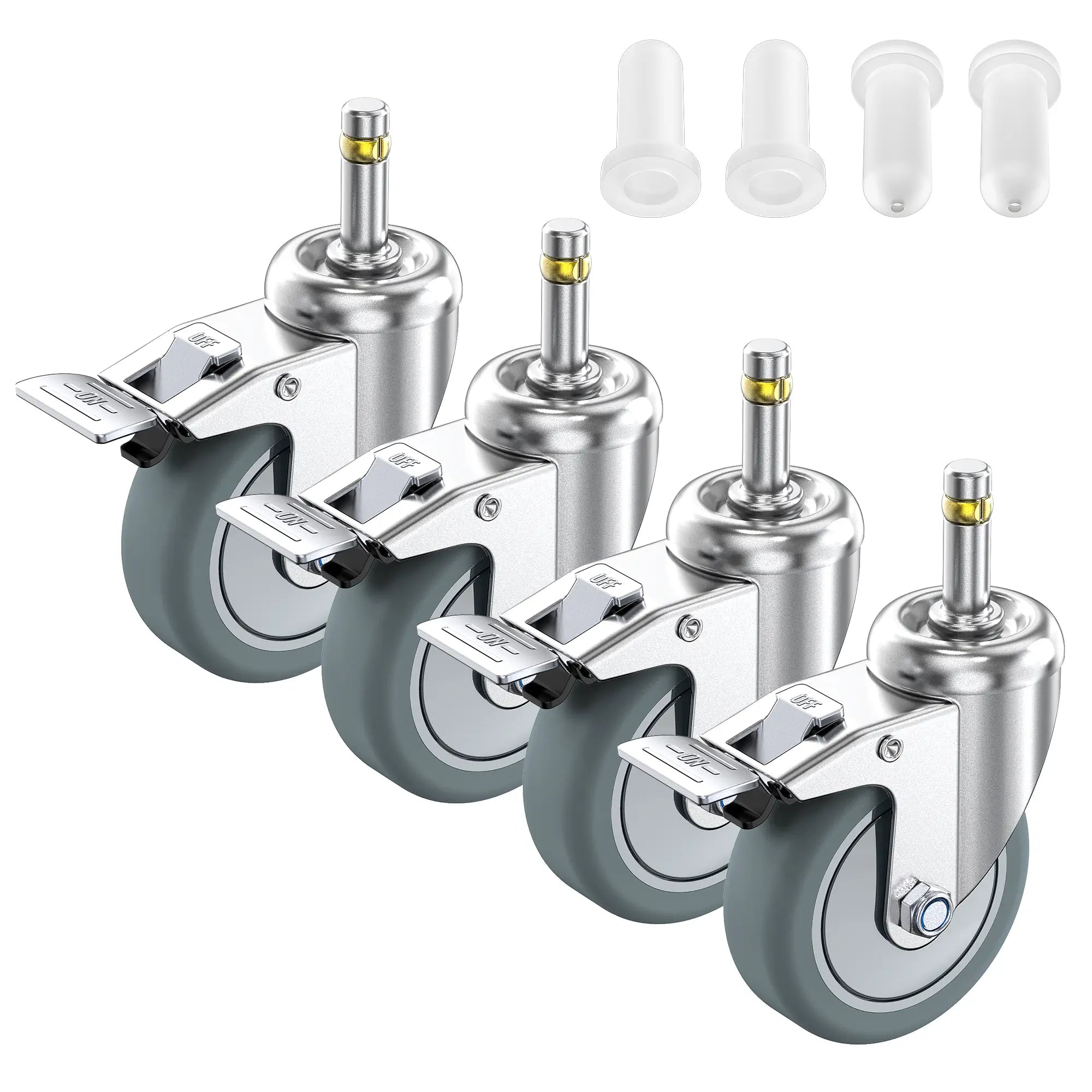 Set of 4, 3 inch grip ring stem caster wheels with top locking brake