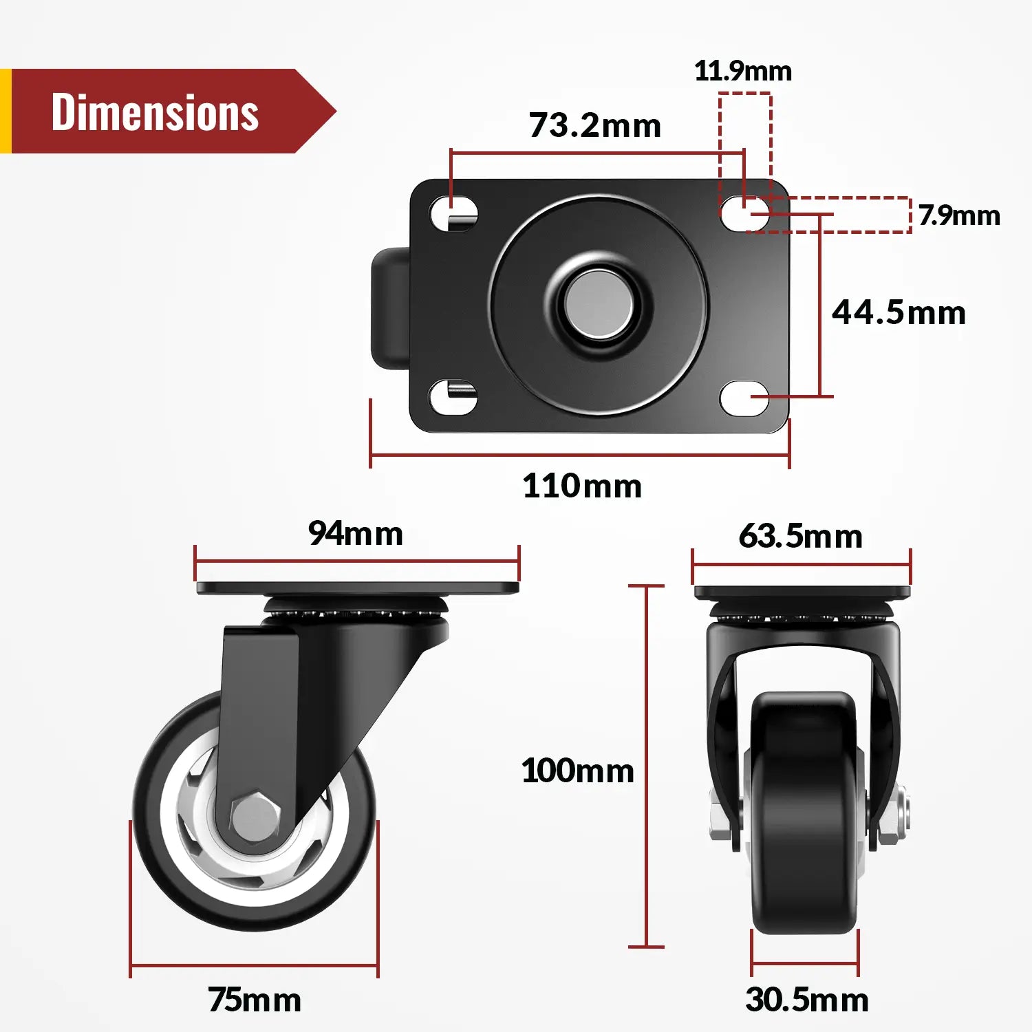 3 in Swivel Plate Casters with Dual Brake Set of 4