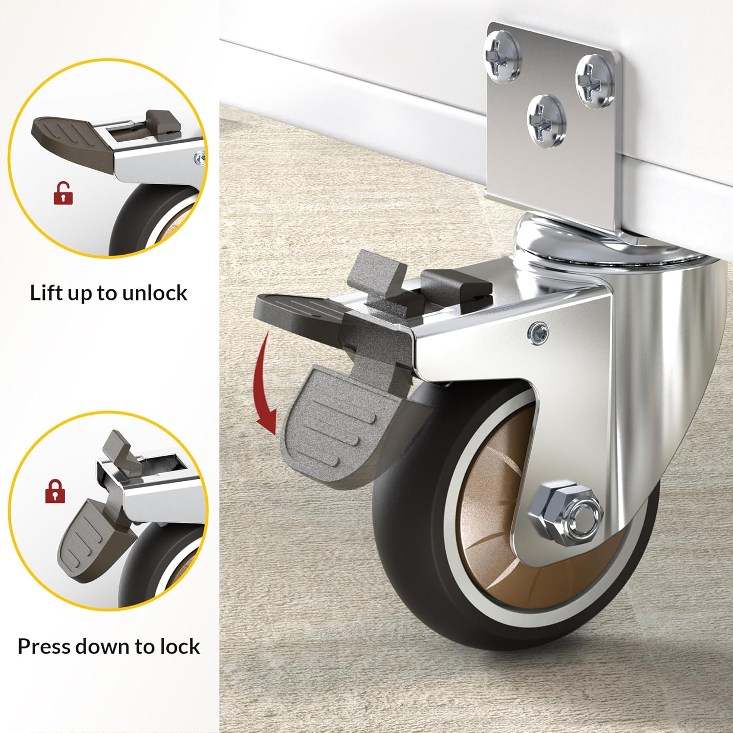3 inch L-shaped caster with total brake function, shown lock and unlock method -Holkie