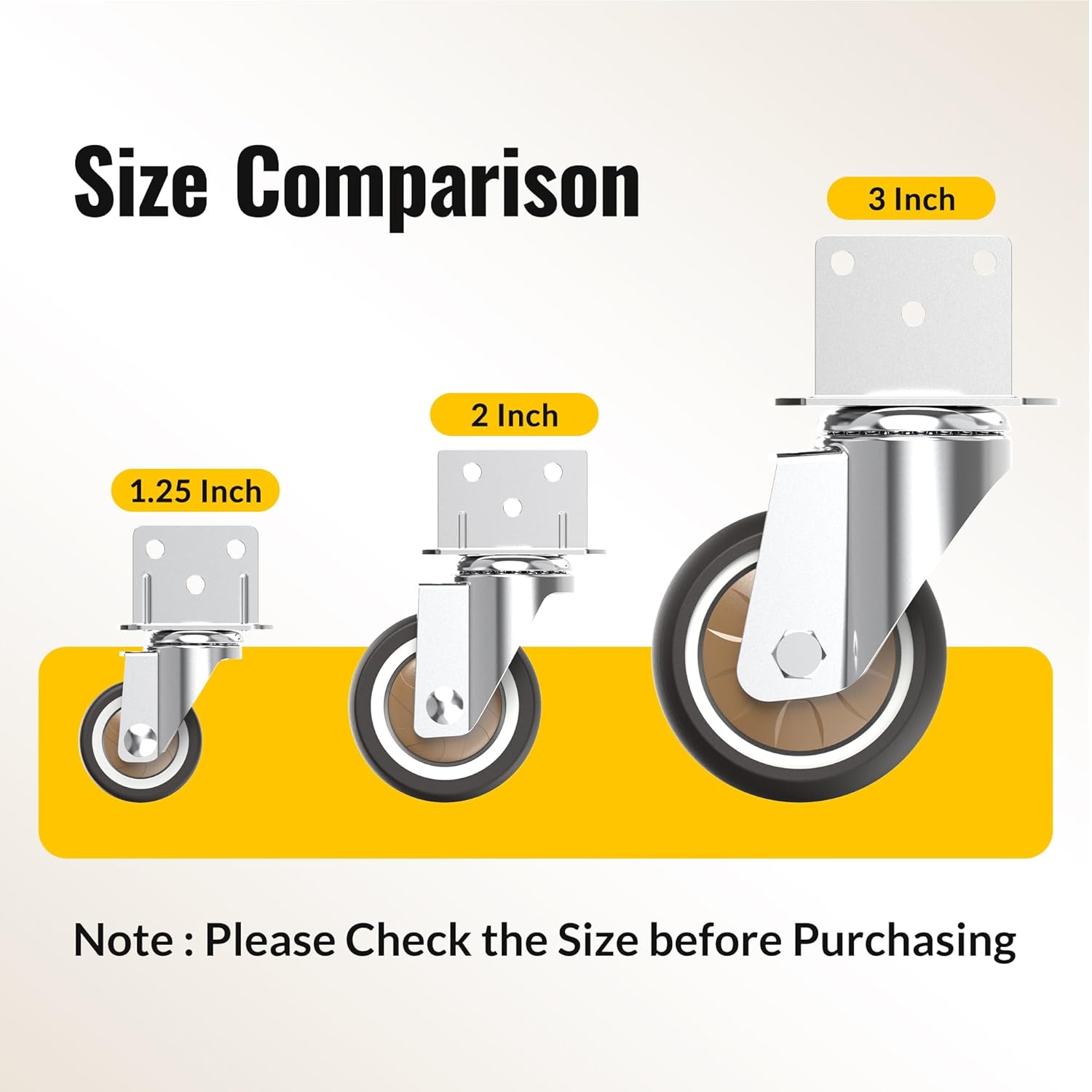 3 inch L-shaped caster size comparison with 2inch, 1.25inch
