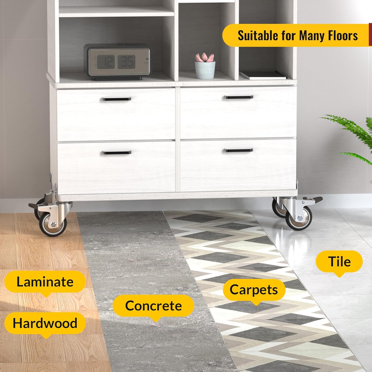 3 inch L-shaped casters, smoothly on wood, tile, and carpet