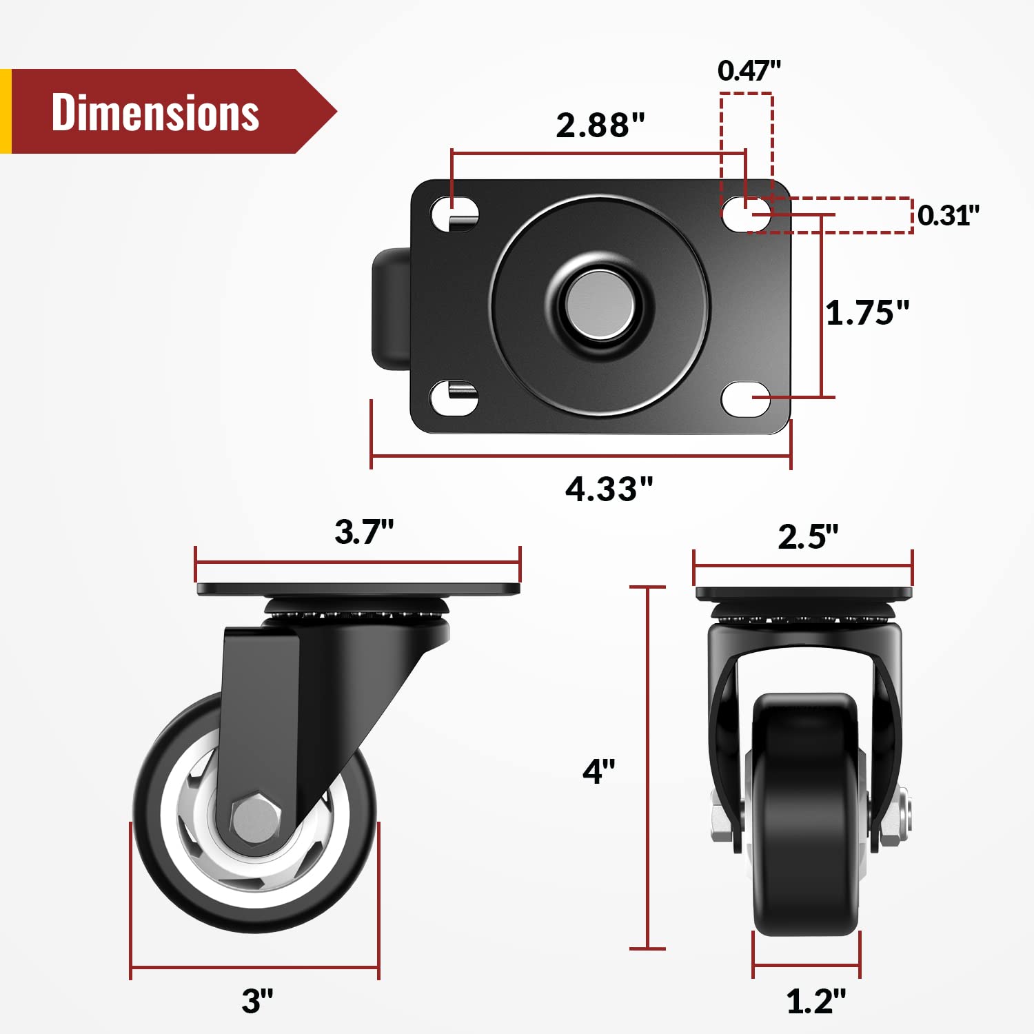 3 in Plate Casters Black (2 Brake & 2 No Brake)