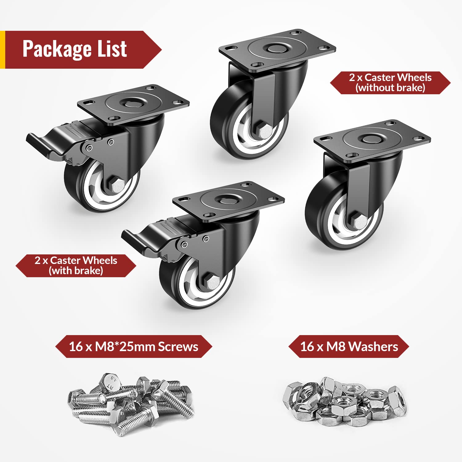 3 in Plate Casters Black (2 Brake & 2 No Brake)
