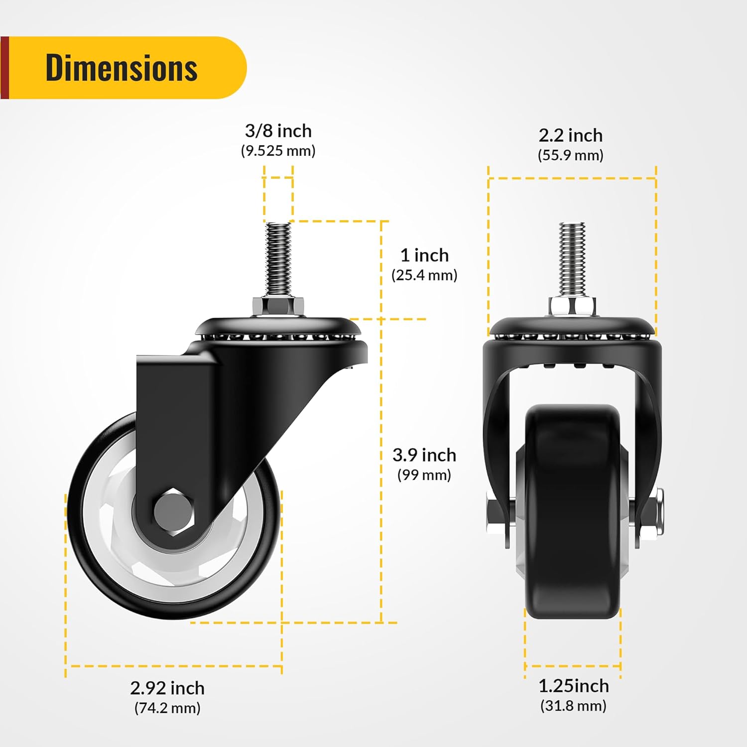 3 in Stem Casters Black without brake 3/8" -16 x 1"