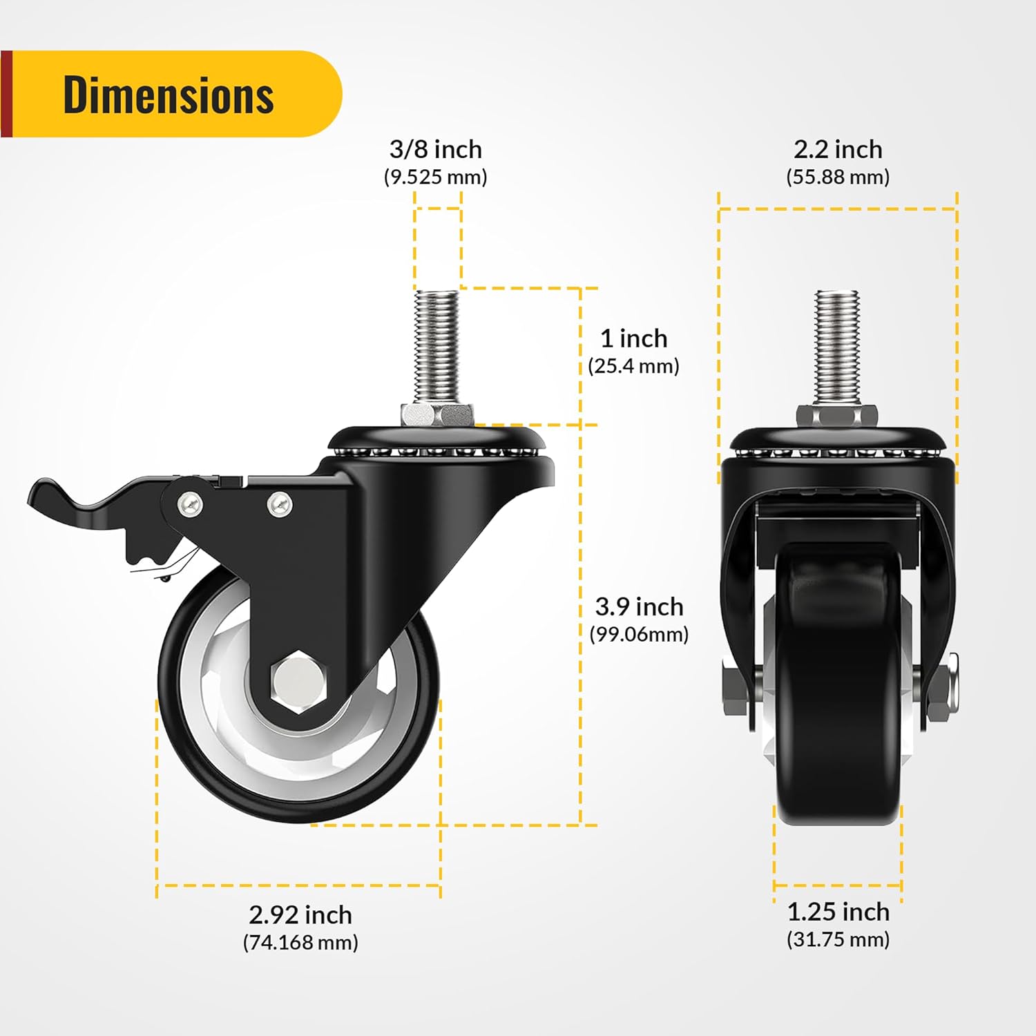 3 in Stem Casters Black Total Lock 3/8" -16 x 1"