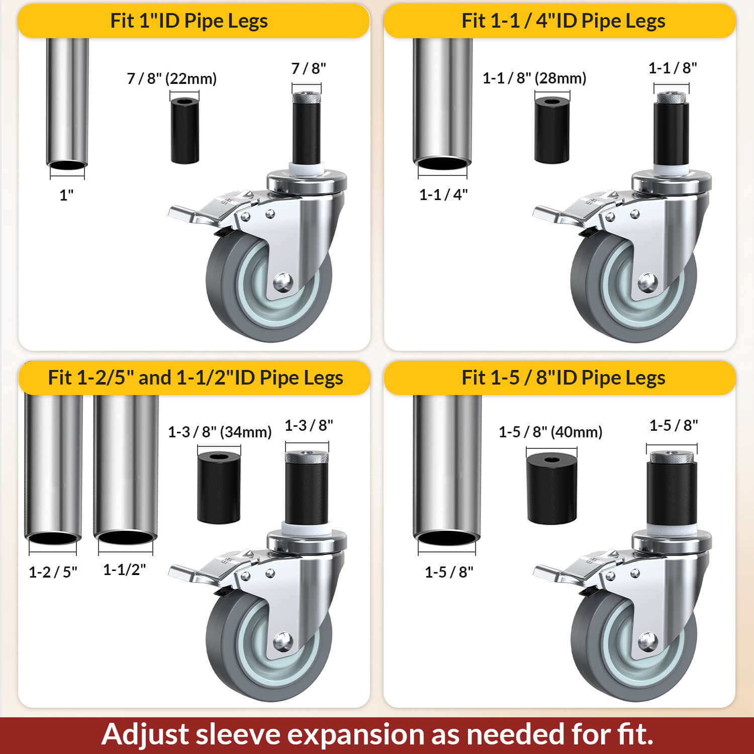 4-inch Caster wheels with total lock for different pipe leg sizes: 1-inch, 1-1/4-inch, 1-2/5-inch, and 1-5/8-inch pipe legs with adjustable fit - Holkie