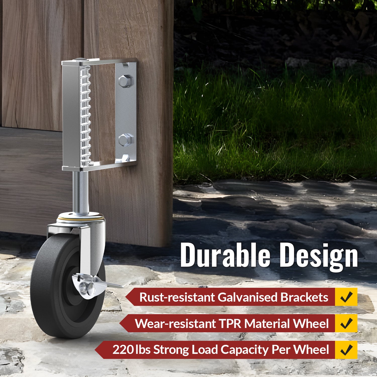Spring loaded 4 inch gate wheel with side brake, reduces gate sag and provides smooth opening - Holkie