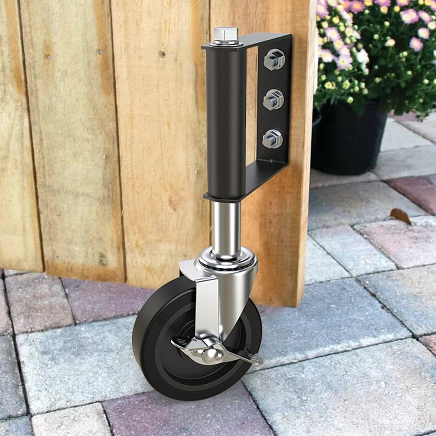 4 inch gate wheel with upgraded spring loaded side brake, swivel caster support for wooden fence and metal gates - Holkie