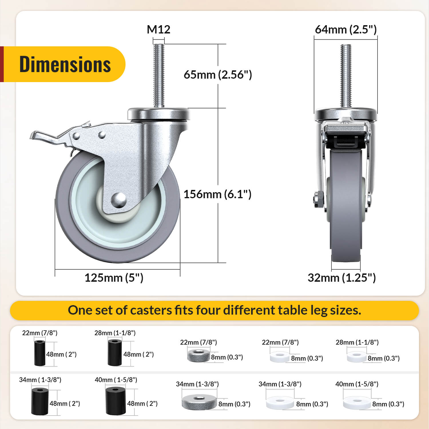 Dimensions of 5-inch adjustable expanding stem caster wheel with total brake