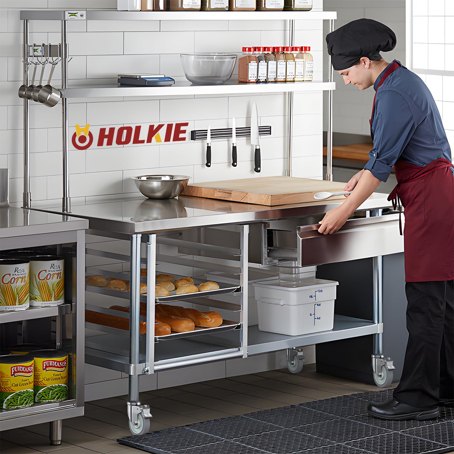 Rolling stainless steel kitchen utility cart with Holkie 5-inch expanding stem casters, easy mobility and storage