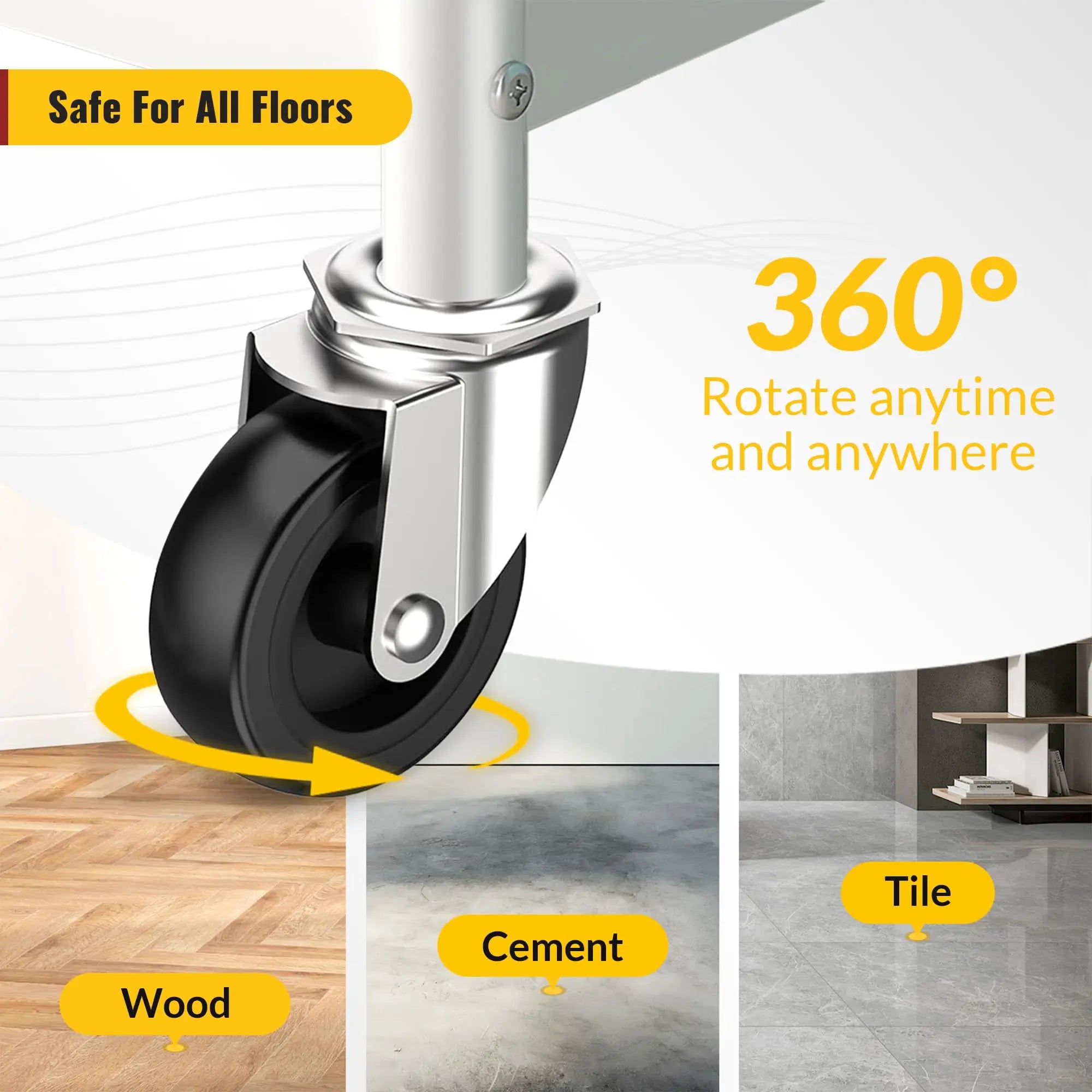 Black Holkie stem caster no brake smoothly across multiple floor types (hardwood, tile, cement) and rotate 360 degrees