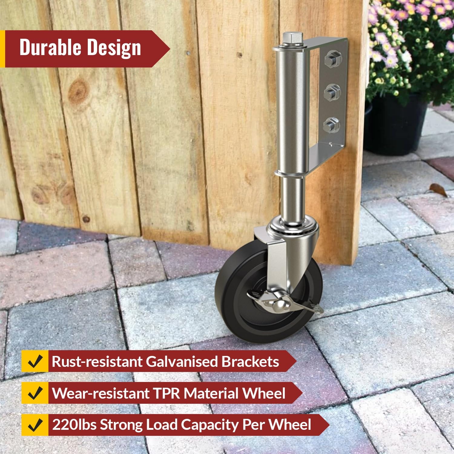 Upgraded spring loaded 4 inch grey gate wheel with side brake, reduces gate sag and provides smooth opening - Holkie