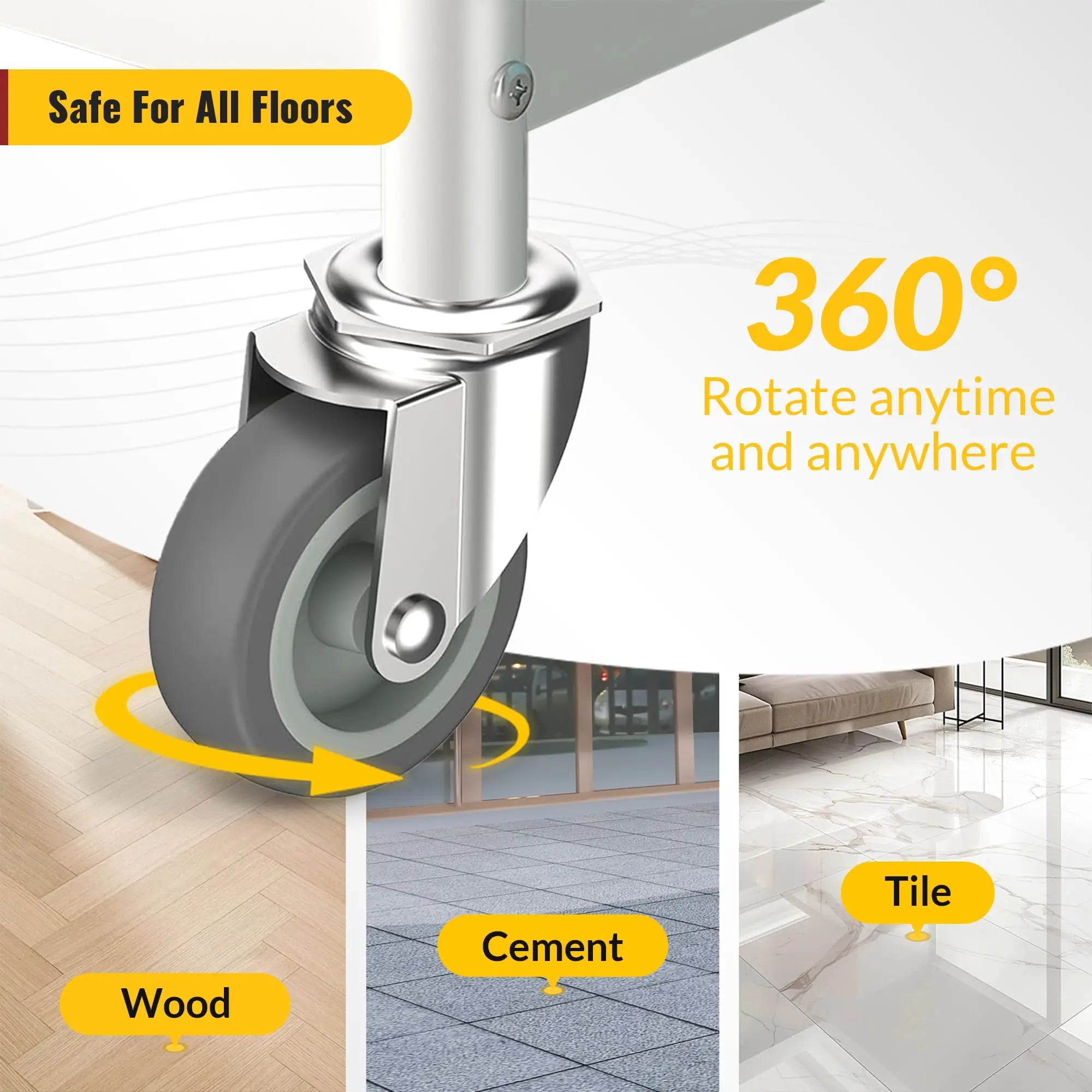 Gray Holkie stem caster no brake smoothly across multiple floor types (hardwood, tile, cement) and rotate 360 degrees